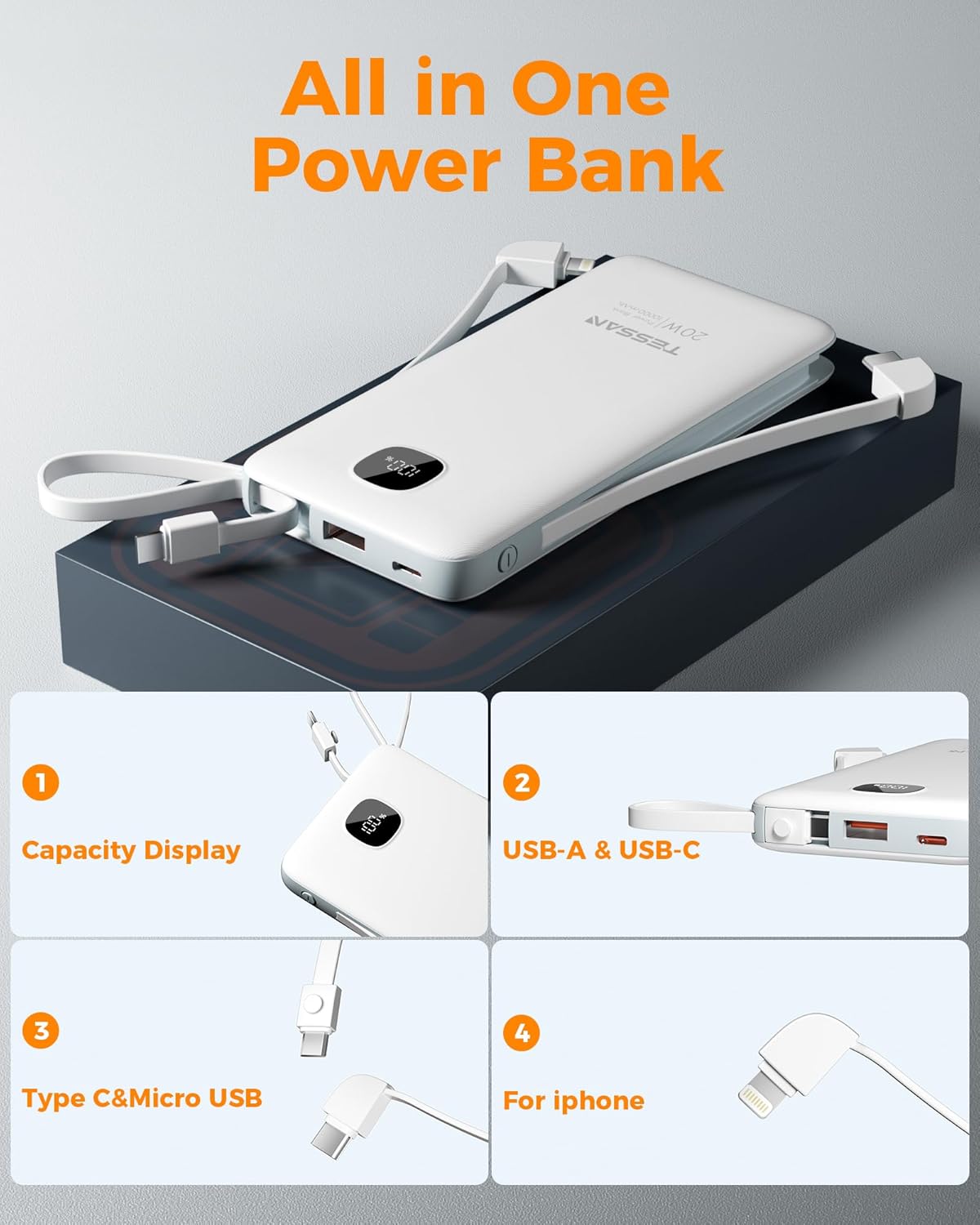 TESSAN 10000mAh Portable Charger with Built-In Cables