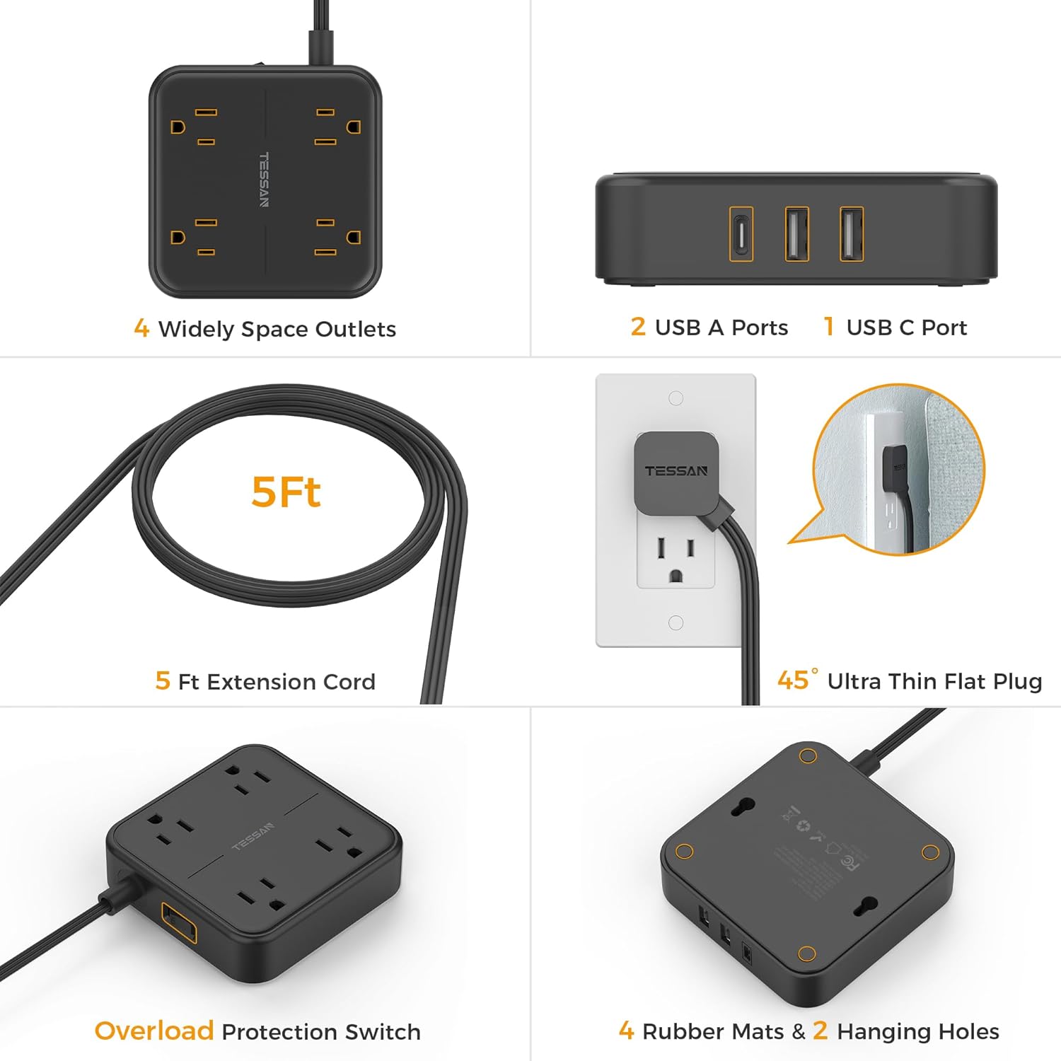 TESSAN 5 ft Ultra Thin Black Extension Cord with 3 USB Wall Charger(1 USB C Port), Flat Plug Power Strip