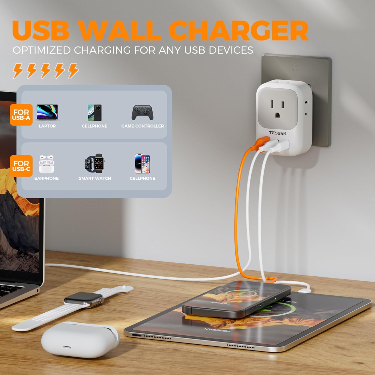 TESSAN Outlet Splitter with 4 AC Outlets Extender and 3 USB (2 USB C Blocks)