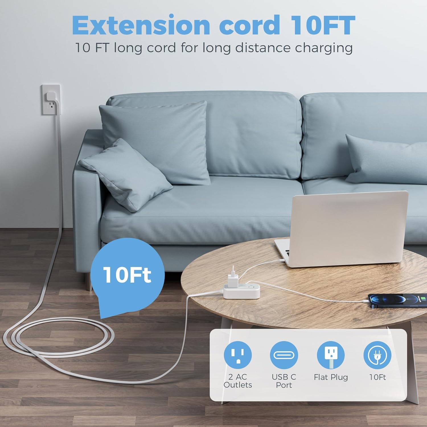 Tessan Flat Plug Power Strip 10 FT