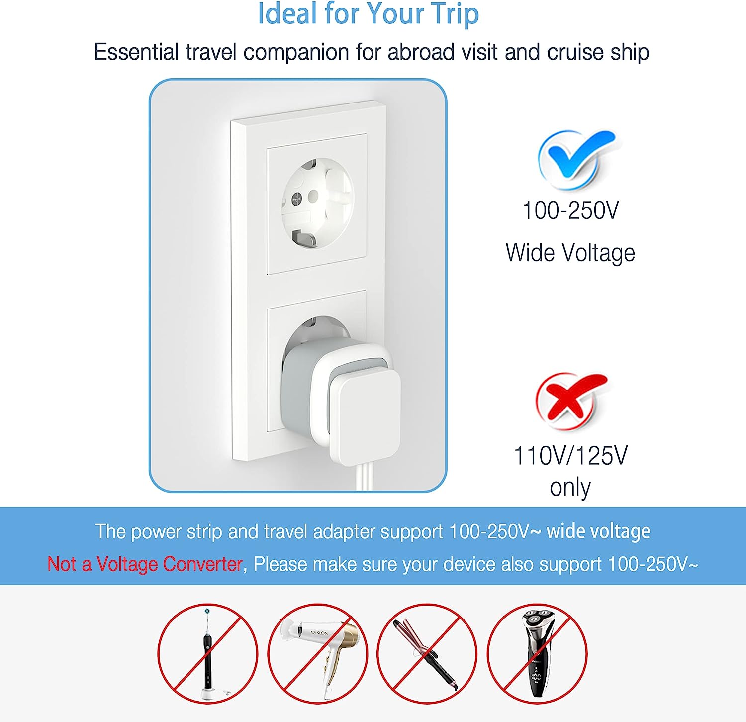 TESSAN European Travel Plug Adapter with Power Strip, EU UK Travel Extension Cord with 3 Outlet 3 USB (1 USB C)