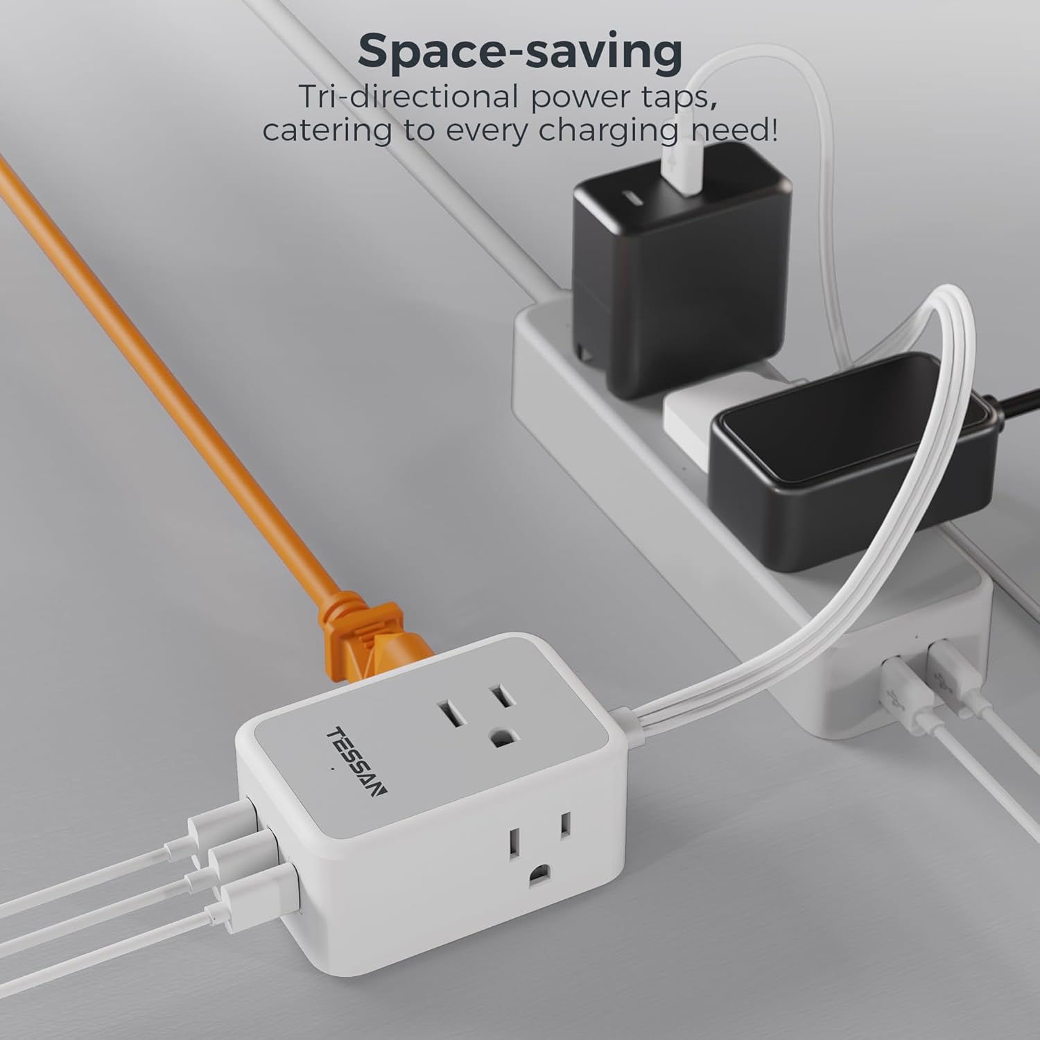 TESSAN Flat Plug Small Extension Cord with 3 Outlet Extender 3 USB (1 USB-C)