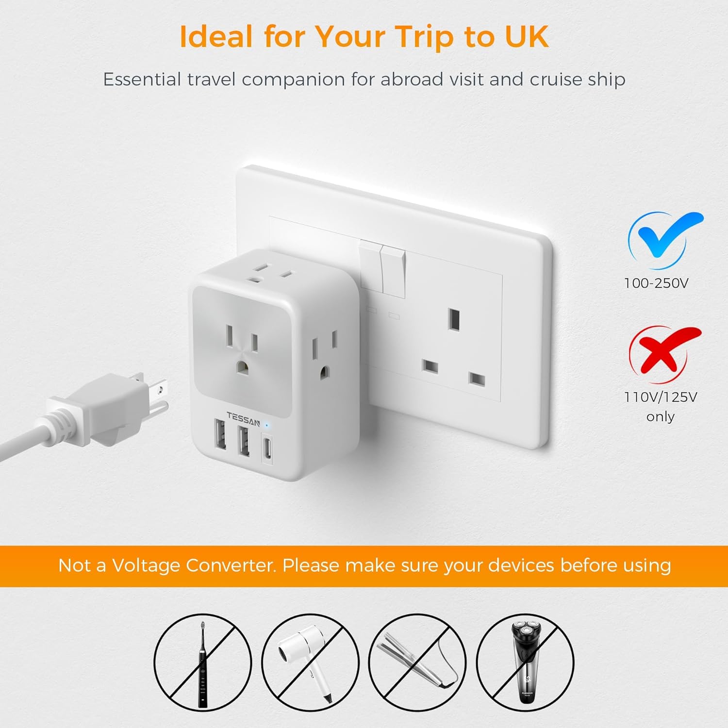 TESSAN US to UK Power Adaptor with 4 Outlets 3 USB Charger (1 USB C Port), UK Travel Plug Adapter 2 Pack