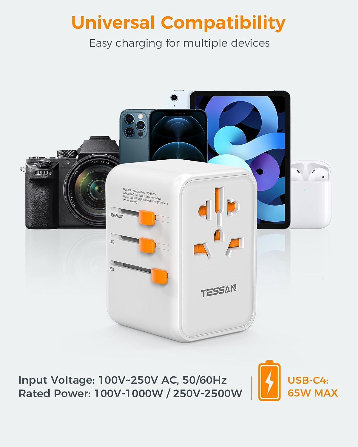 Universal Travel Adapter with 4 USB C and 1 USB Ports (Fast Charging PD 65W)