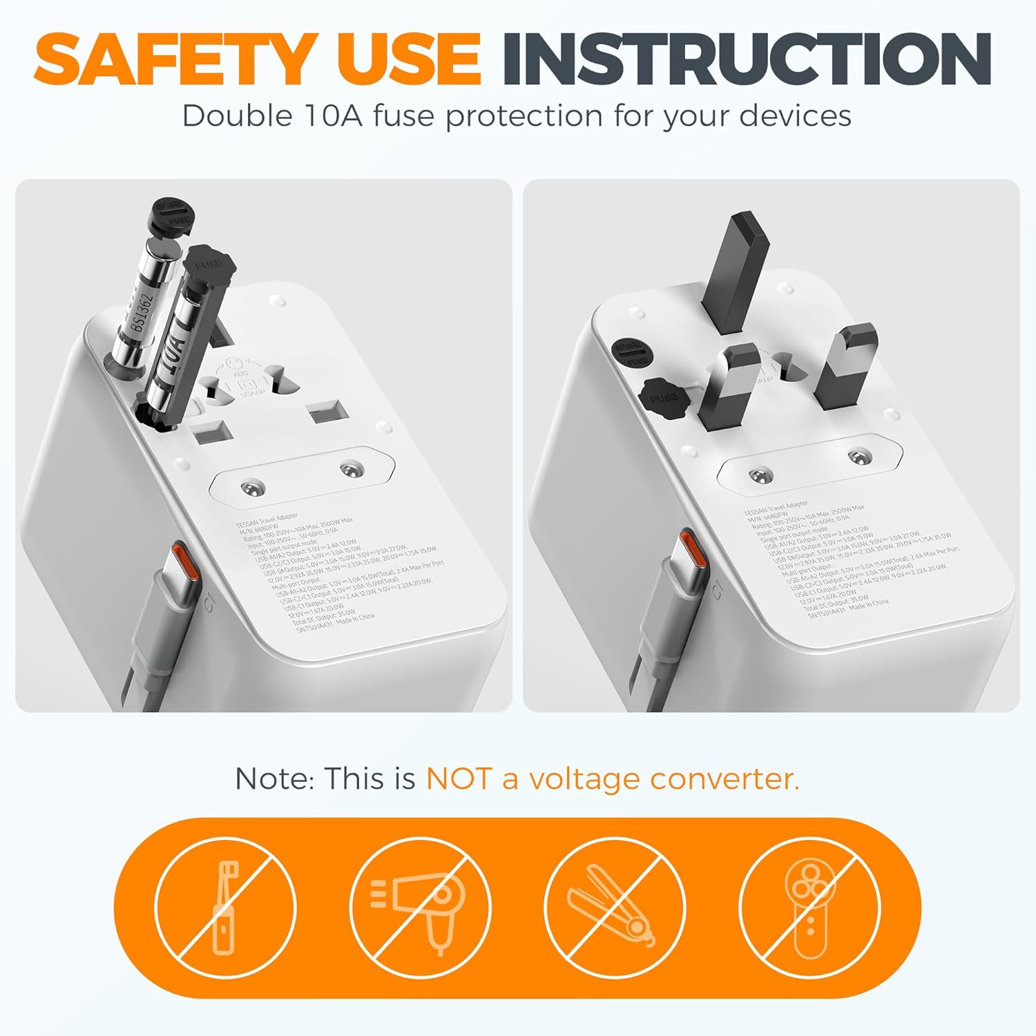Tessan Universal Travel Adapter with USB-C Cable