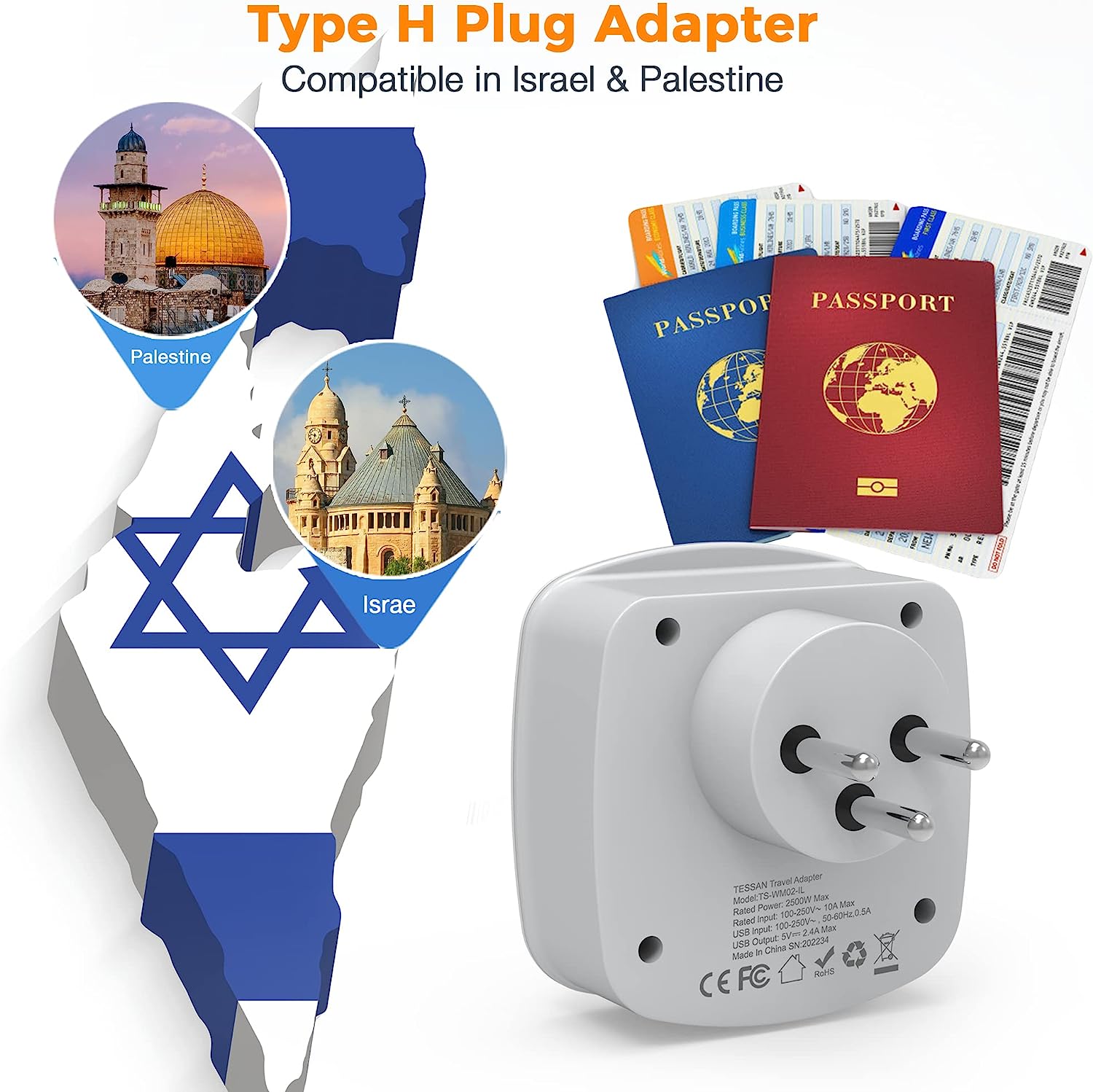 TESSAN Travel Adapters for Israel with 2 USB Ports 2 American Outlets