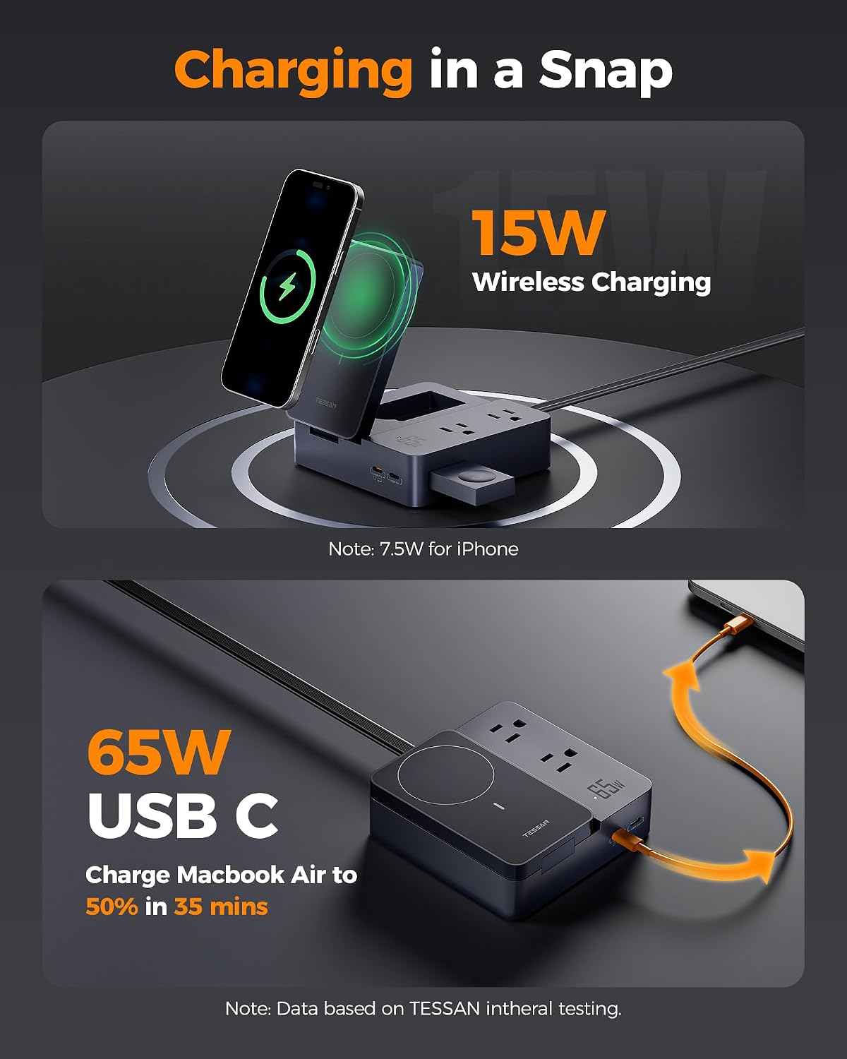TESSAN Charging Station with Wireless Charger & USB-C Ports