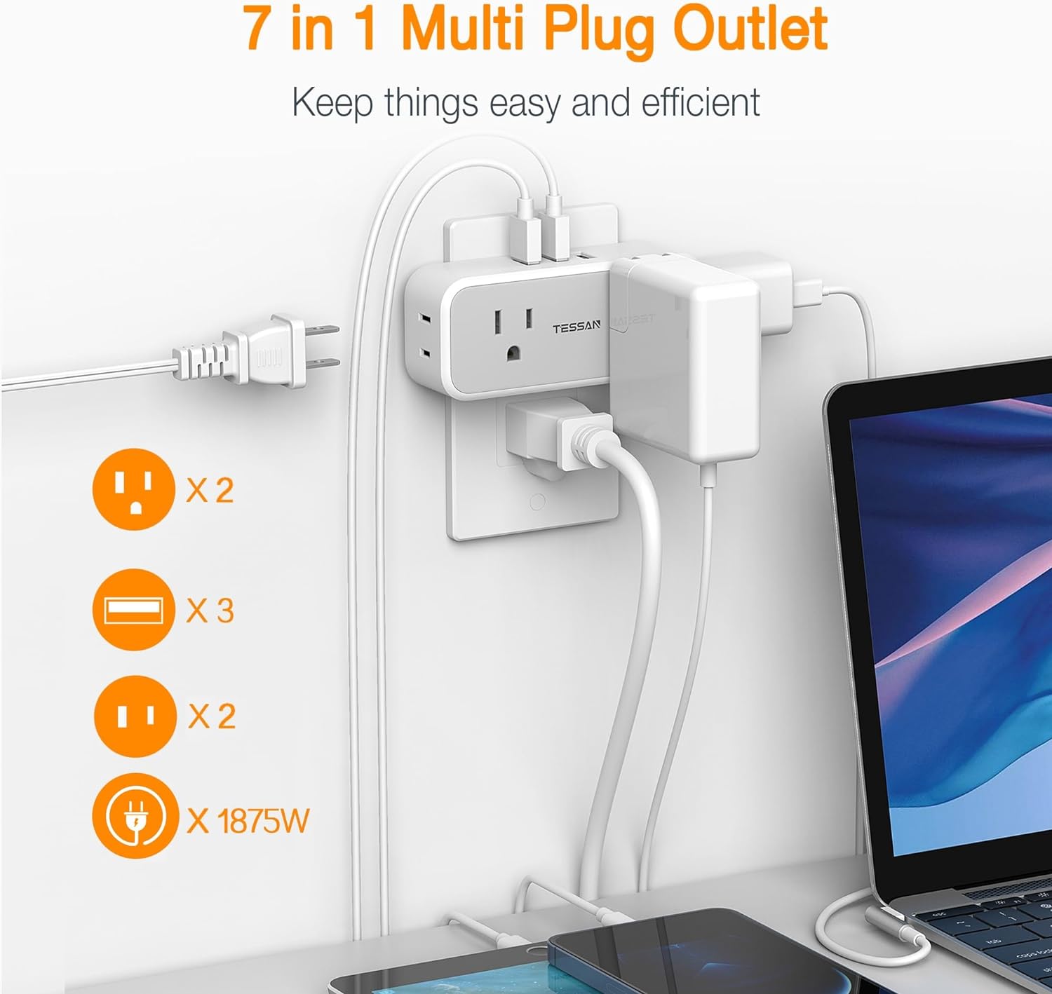 TESSAN Multi Plug Outlet Splitter with 4 Electrical Outlets 3 USB Ports, Surge Protector Outlet Extender