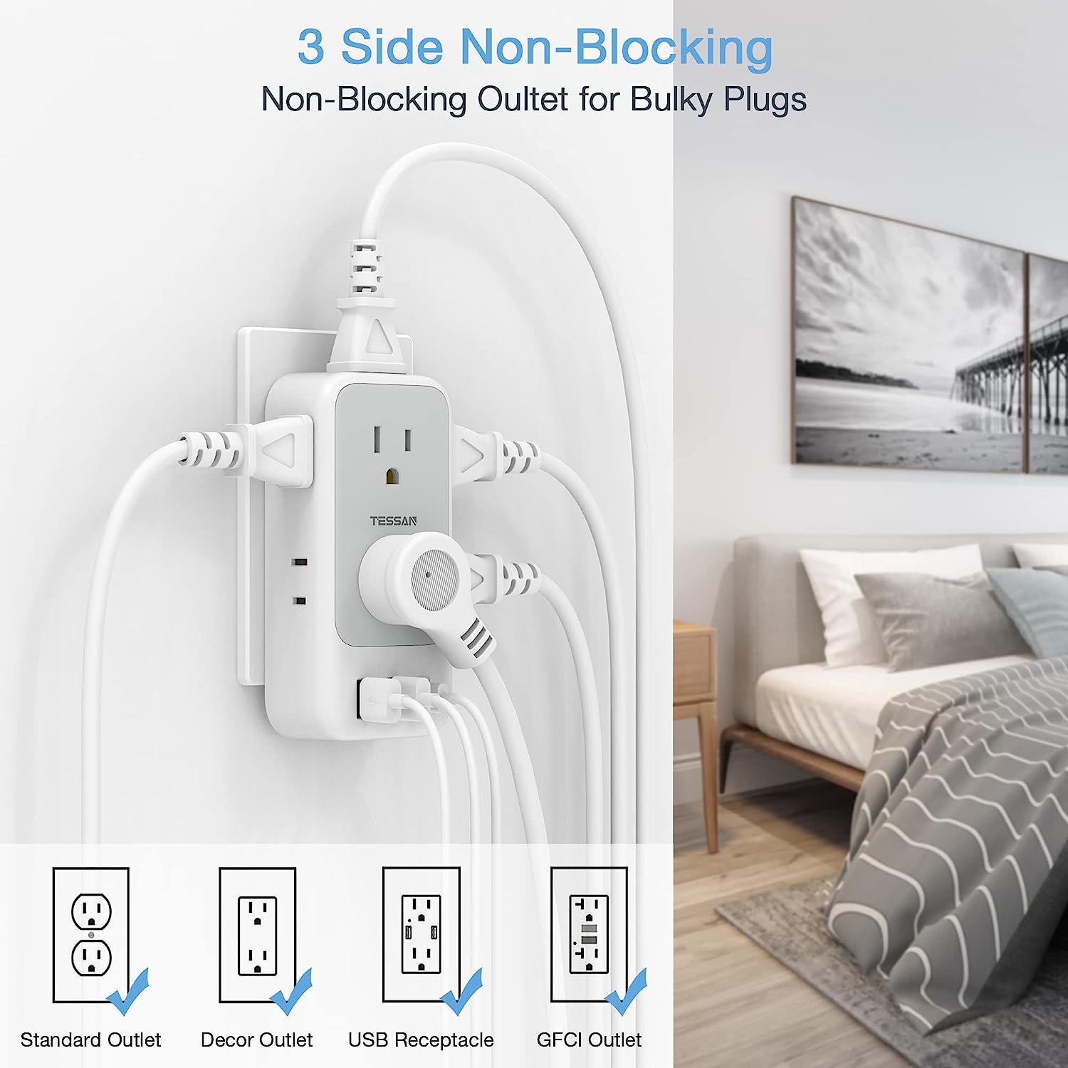 TESSAN Electrical 7 Outlet Splitter with 3 USB Wall Charger (1 USB C)