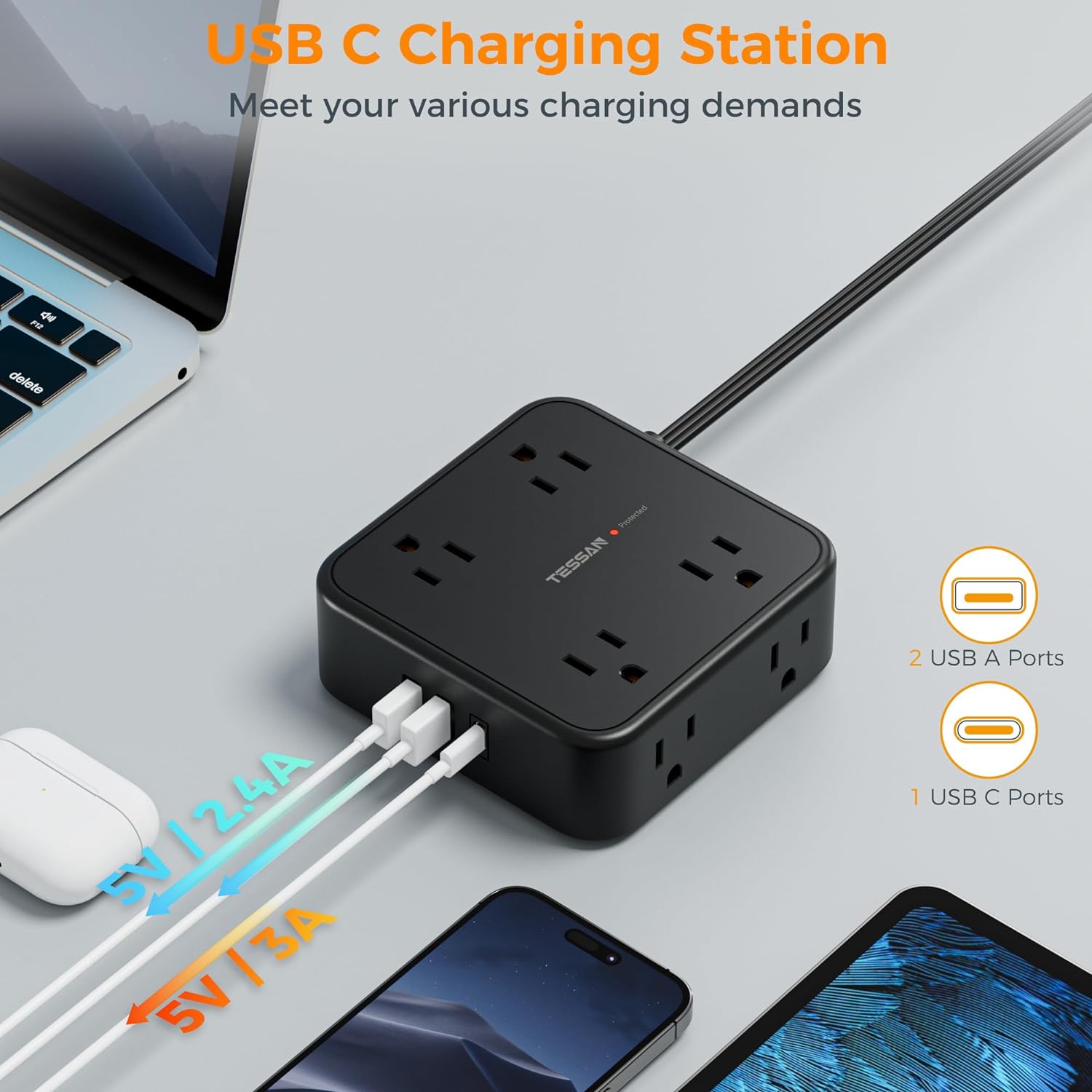 TESSAN Surge Protector Flat Plug Power Strip, Black Extension Cord, 8 AC Outlets, 3 USB Charger(1 USB C Port)