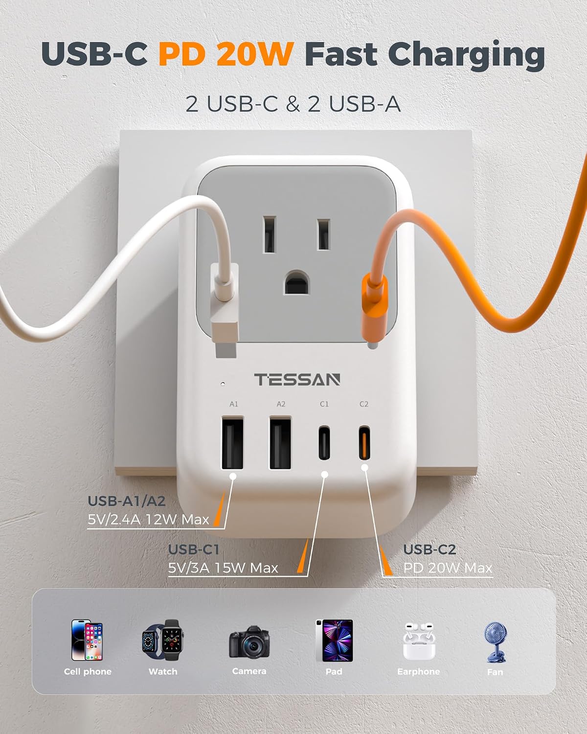 TESSAN UK Travel Adapter with 20W USB-C Fast Charging