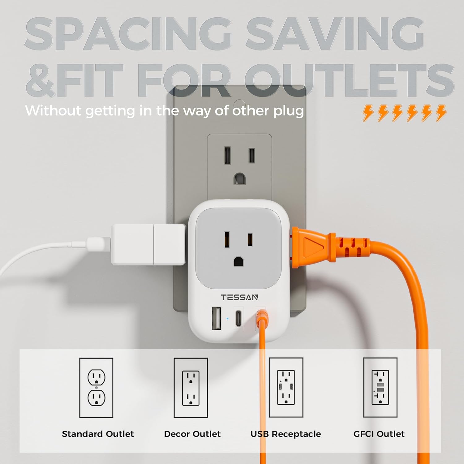 TESSAN Outlet Splitter with 4 AC Outlets Extender and 3 USB (2 USB C Blocks)