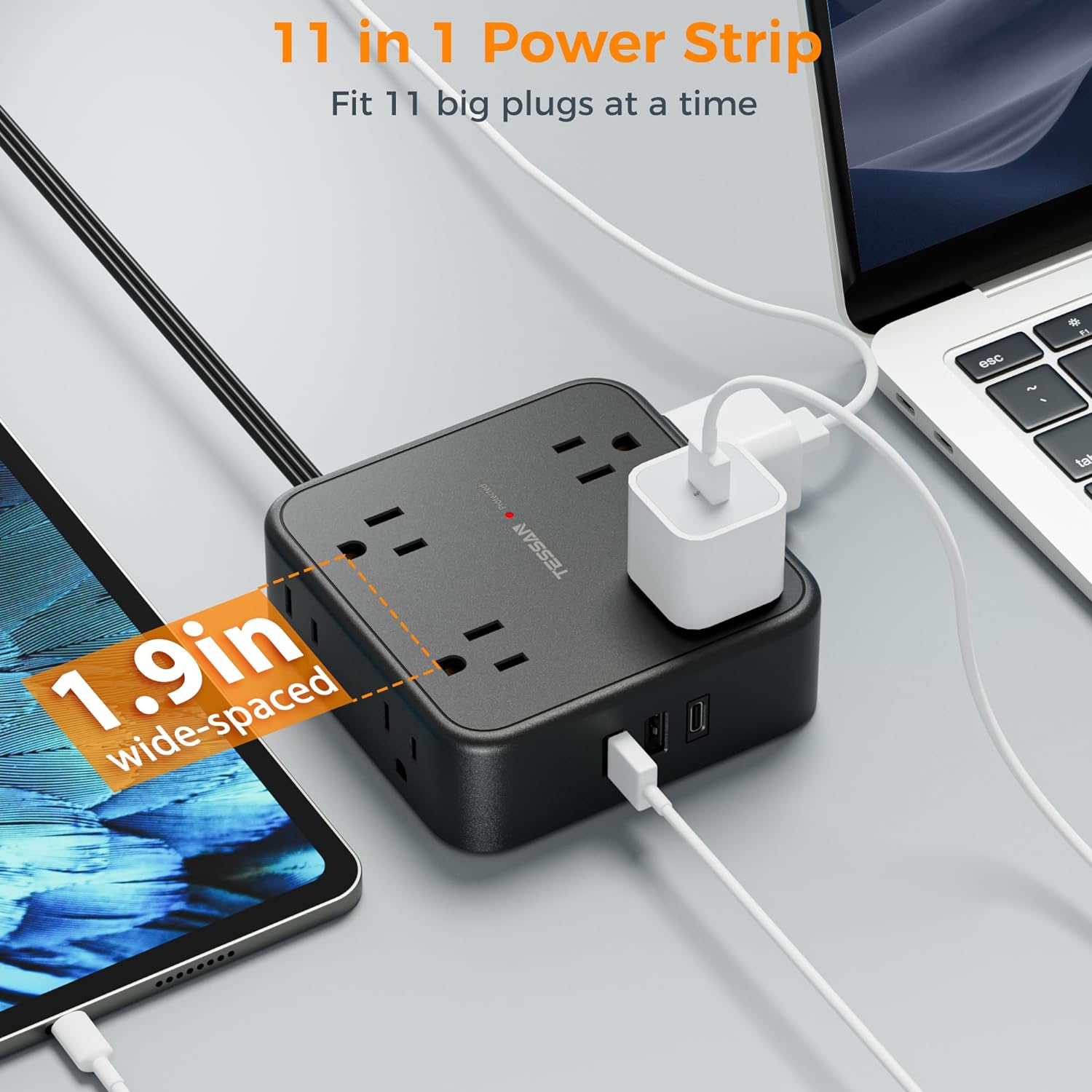 TESSAN Surge Protector Flat Plug Power Strip, Black Extension Cord, 8 AC Outlets, 3 USB Charger(1 USB C Port)