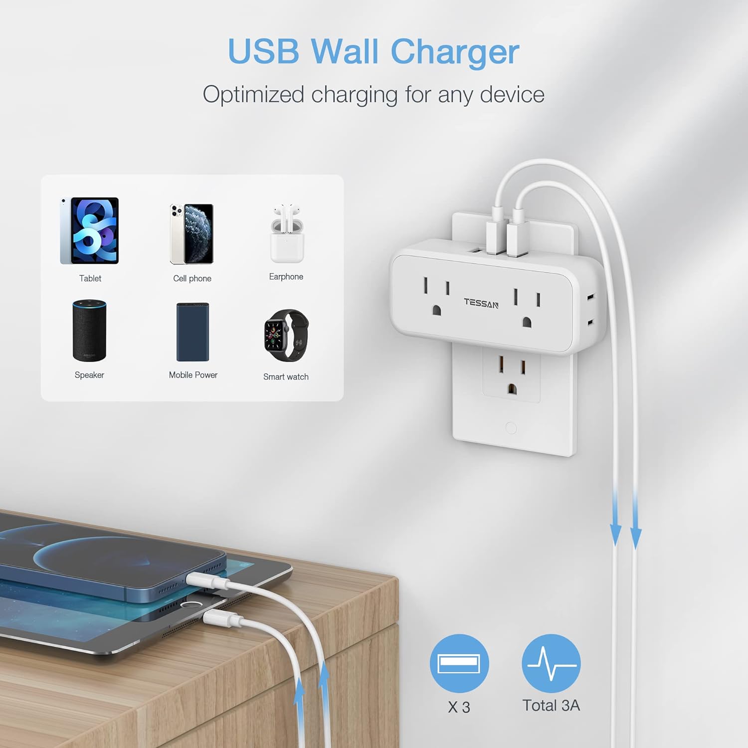 TESSAN 4 Electrical Multiple Outlet Extender with 3 USB Ports, Multi Plug Outlet Splitter with USB