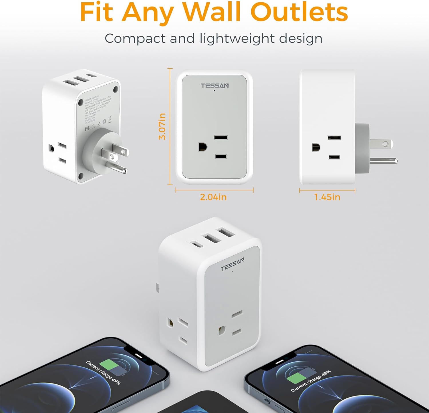 TESSAN 6 in 1 Outlet Extender USB C 15W