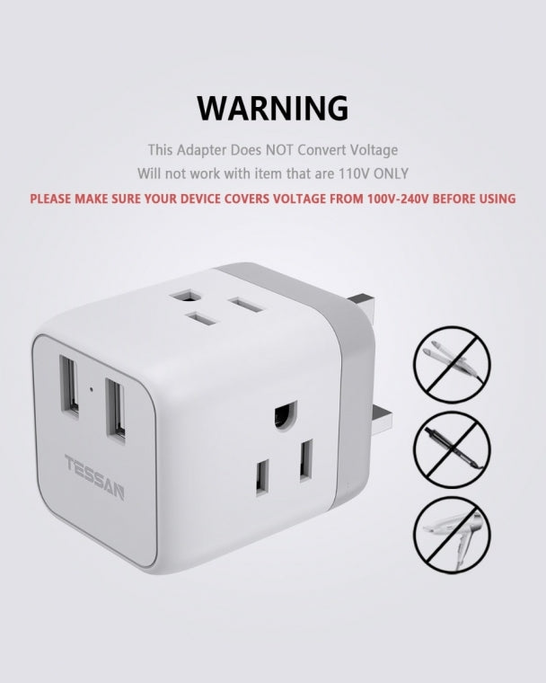 US To UK/HK/Saudi Arabia Travel Adapter with 3 Outlets 2 USB Ports