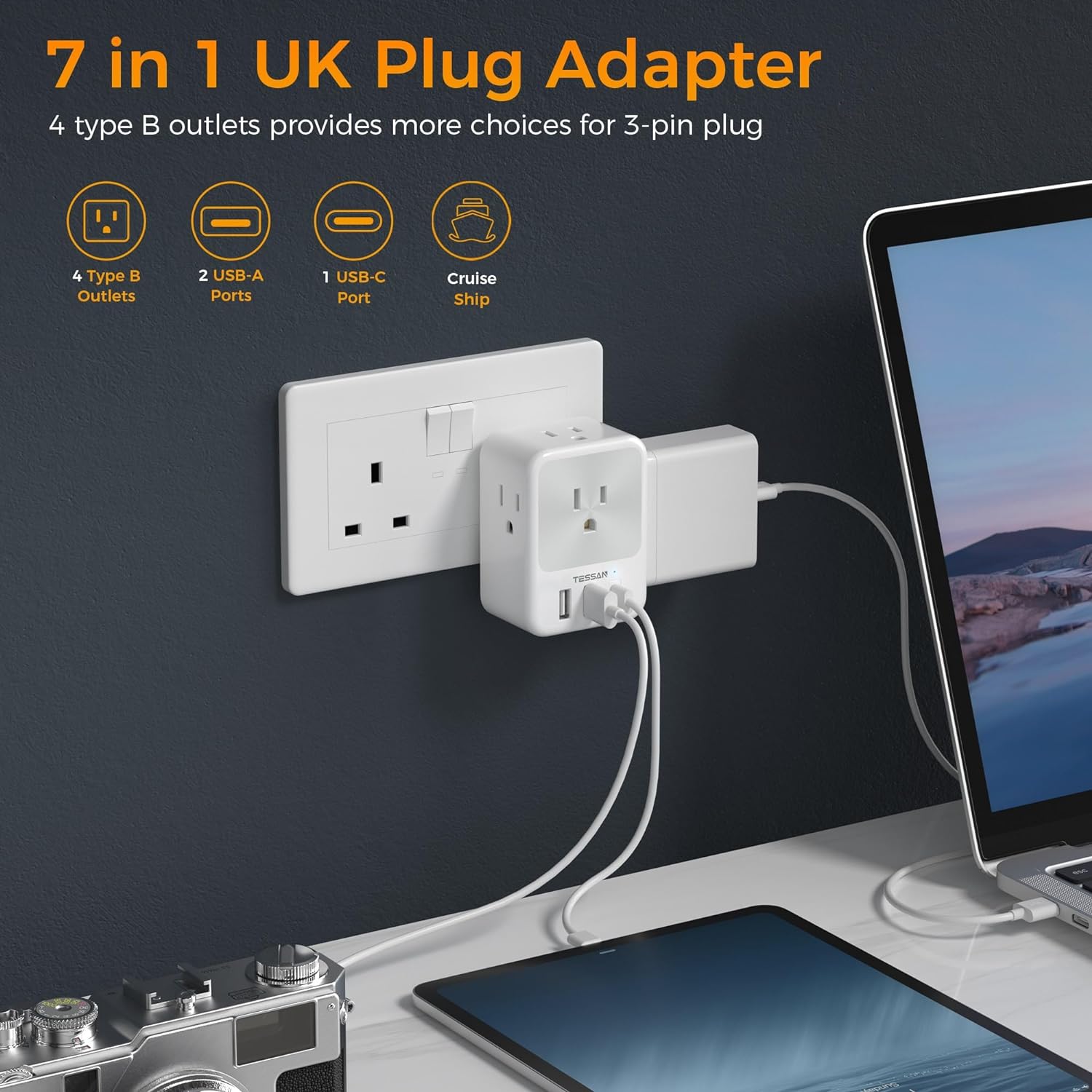 TESSAN US to UK Power Adaptor with 4 Outlets 3 USB Charger (1 USB C Port), UK Travel Plug Adapter 2 Pack