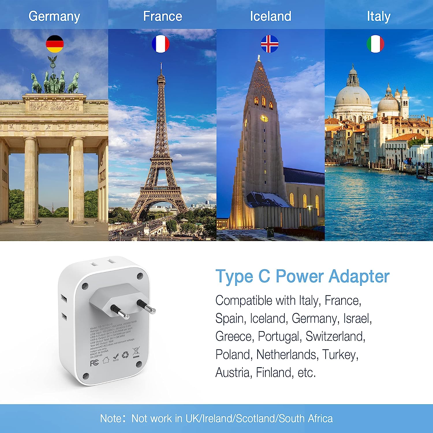 TESSAN US to Europe Plug Adapter with 4 Outlets 3 USB Charger (1 USB C Port), 2 Pack