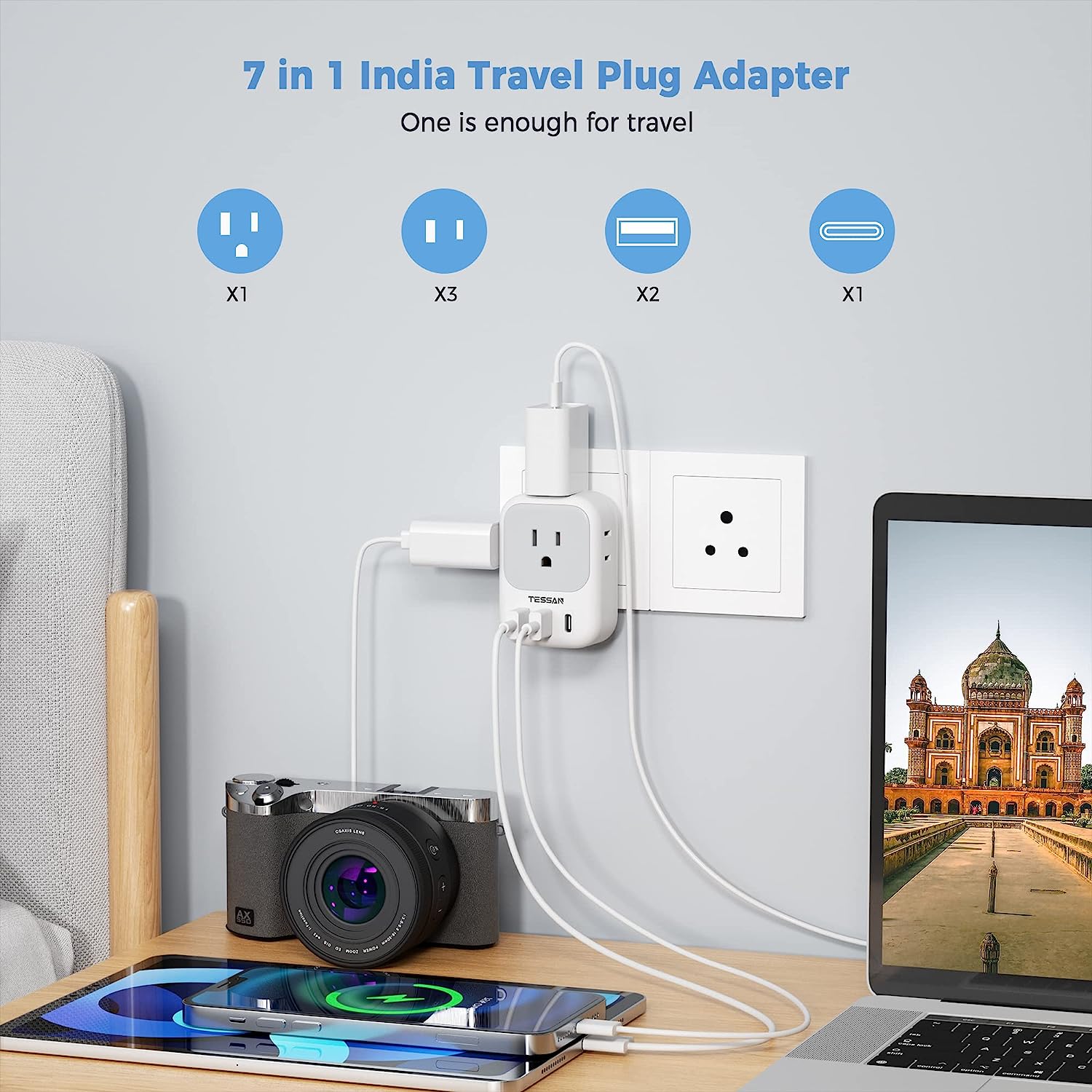 TESSAN India Power Adapter with 4 American Outlets 3 USB Charger (1 USB C Port)