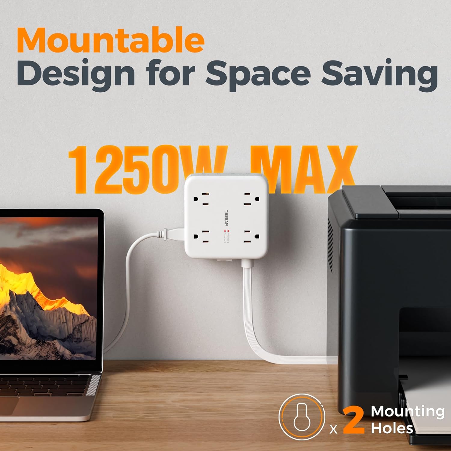 TESSAN Flat Extension Cord Surge Protector Power Strip