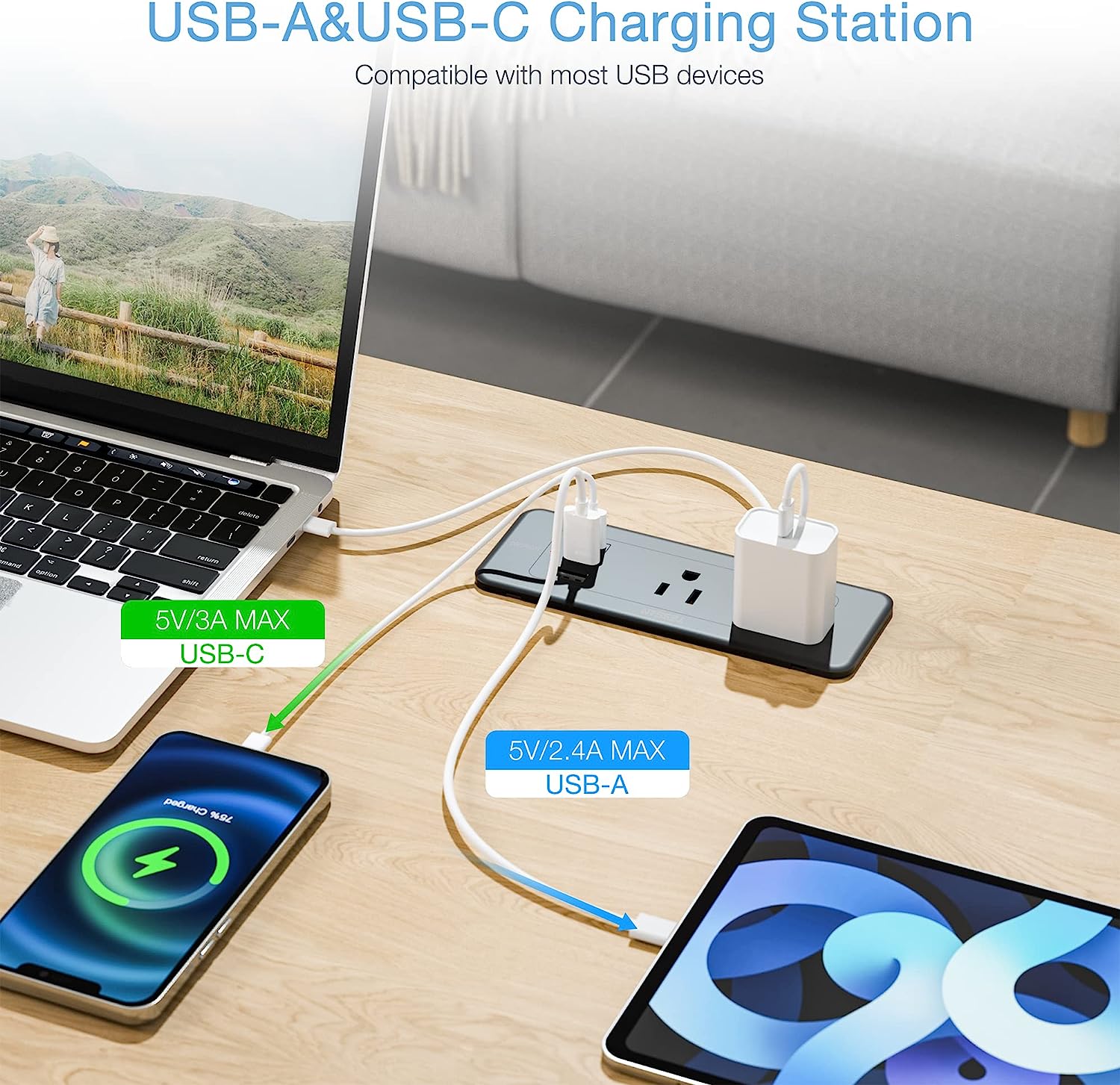 TESSAN Ultra-Thin Flat Plug 5ft with 4 Outlets 3 USB Charger(1 USB C Port), Recessed Power Strip Surge Protector