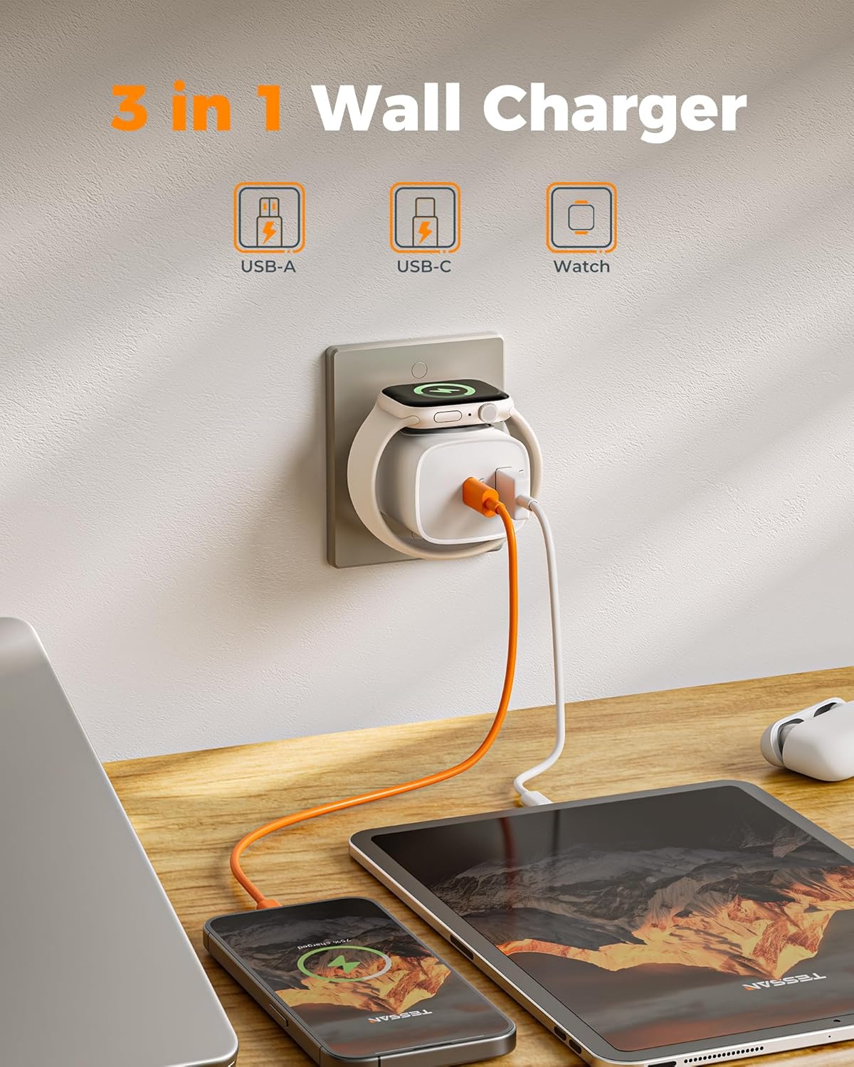 TESSAN 3-in-1 USB-C Charger with Apple Watch Charging