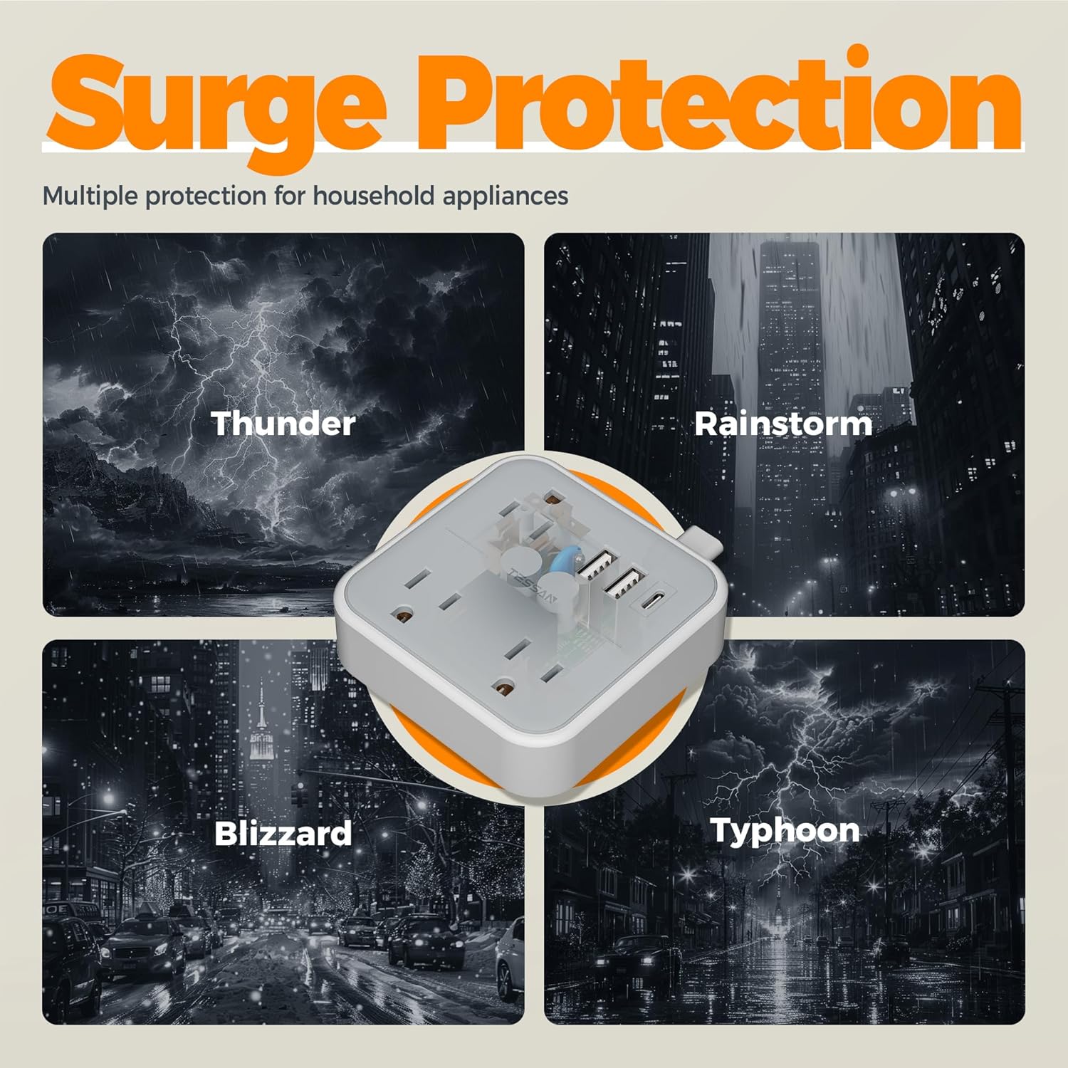 TESSAN Multi-Outlet Flat Plug Extension Cord with USB