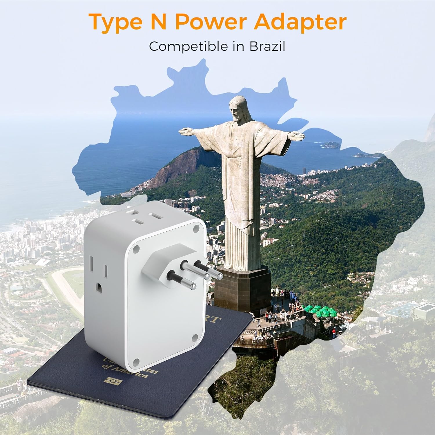 TESSAN Type N Adapter for Brazil with 4 Outlets 3 USB Charging Ports (1 USB C), Brazil Power Adapter Travel Plug