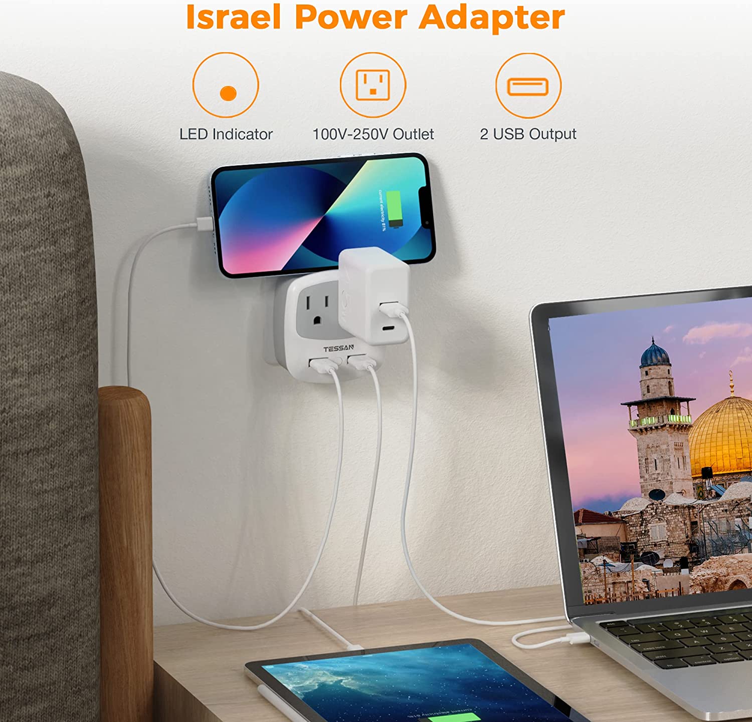 TESSAN Travel Adapters for Israel with 2 USB Ports 2 American Outlets