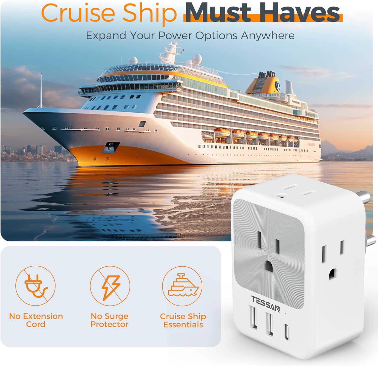 TESSAN South Africa Power Adapter with 4 AC Outlets 3 USB Ports