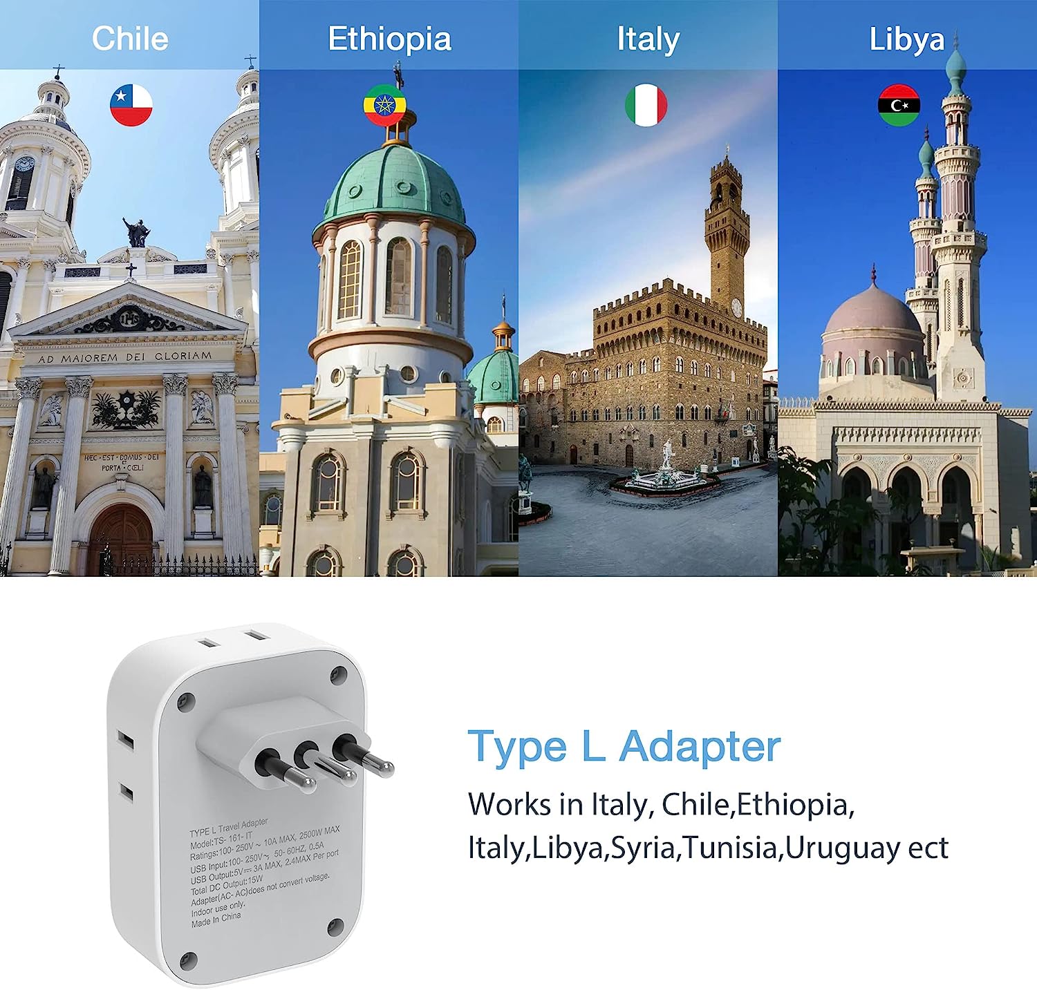 TESSAN US to Italian Power Adapter with 4 Outlets and 3 USB Ports