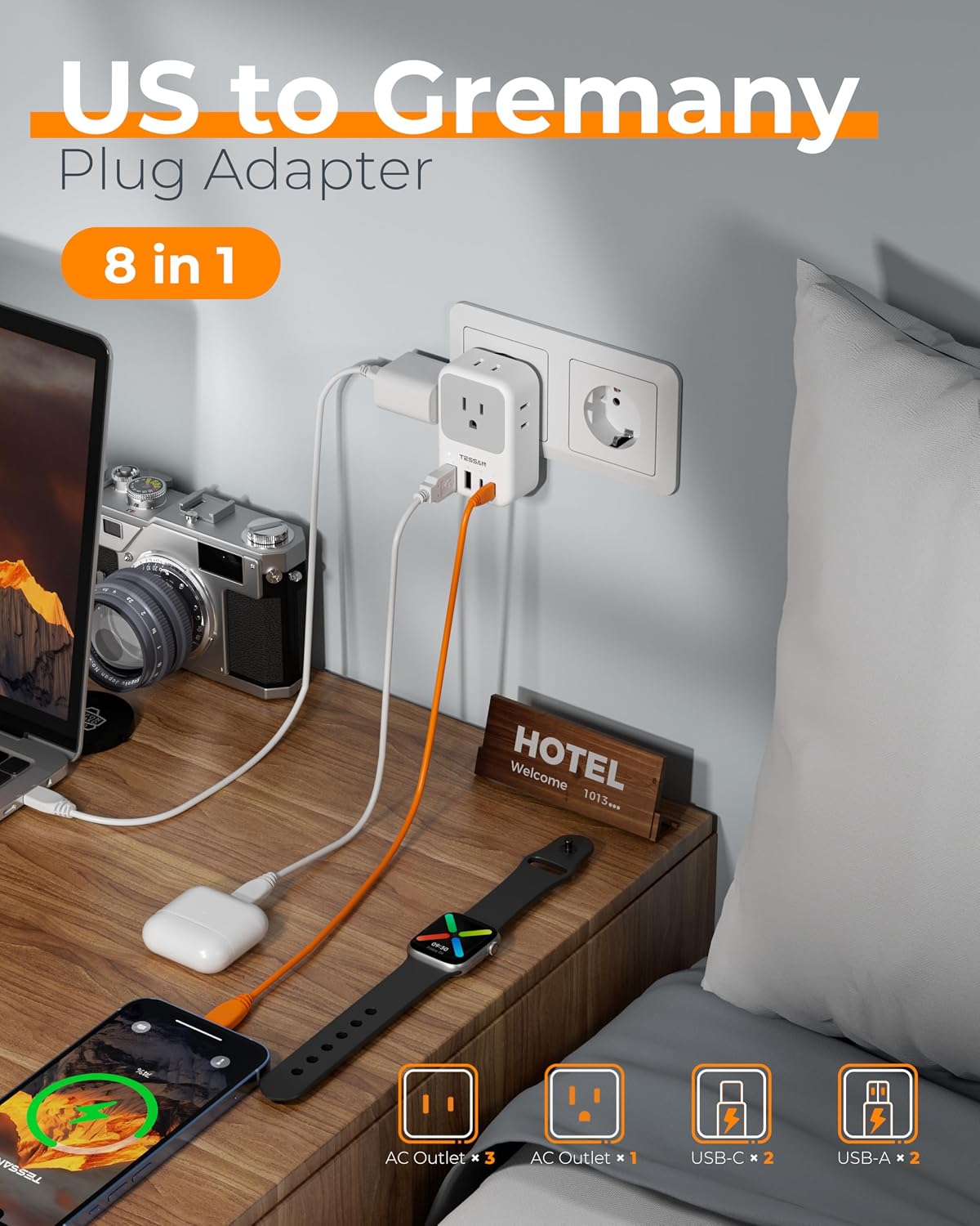 TESSAN Type F Travel Plug Adapter with 20W USB-C Charging