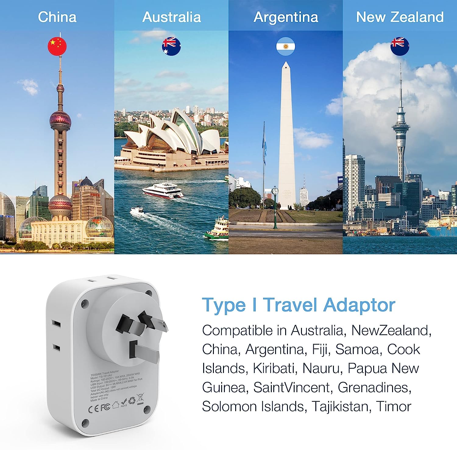 TESSAN USA to Australia Travel Adapter with 4 AC Outlets 3 USB ports