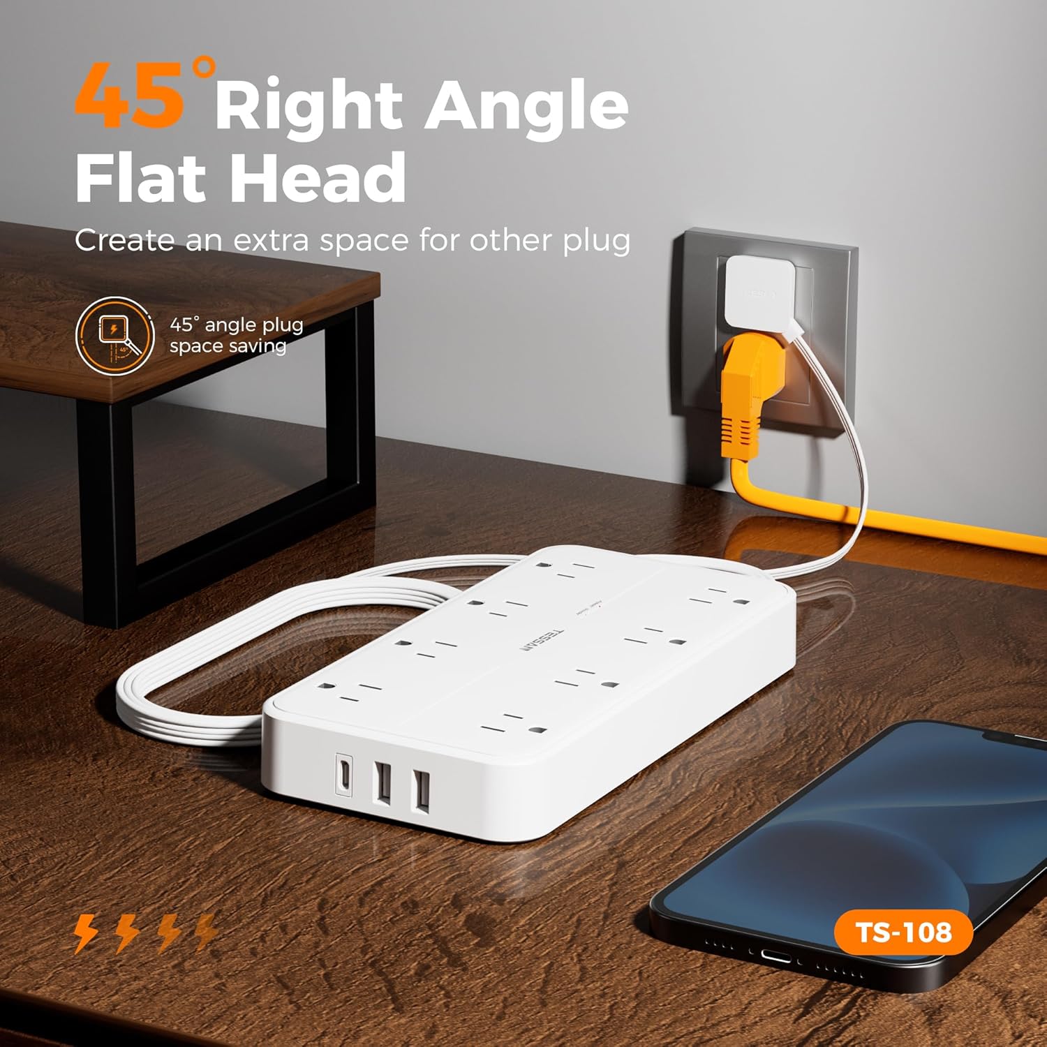 TESSAN Flat Plug Surge Protector Power Strip 108