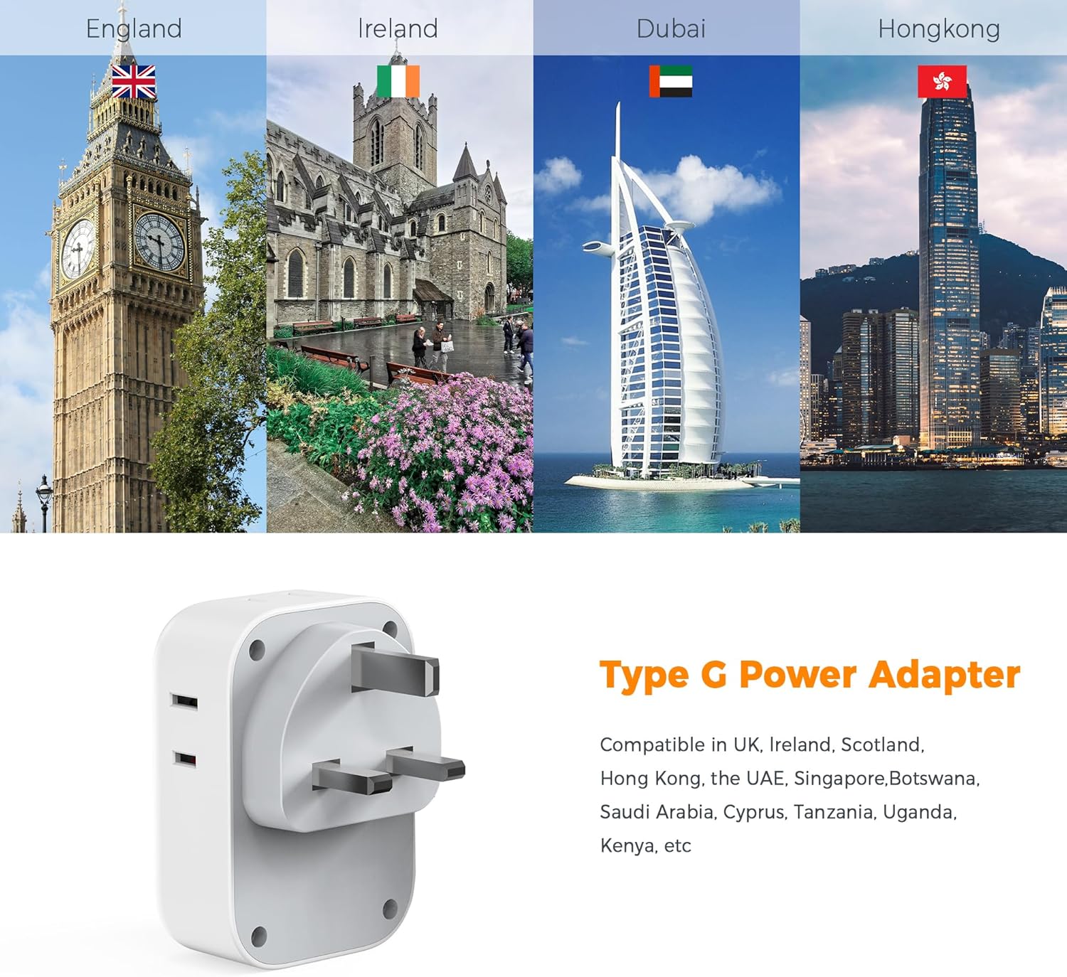 TESSAN US to UK Travel Adapter with 4 Outlets 2 USB C ports(Type G)