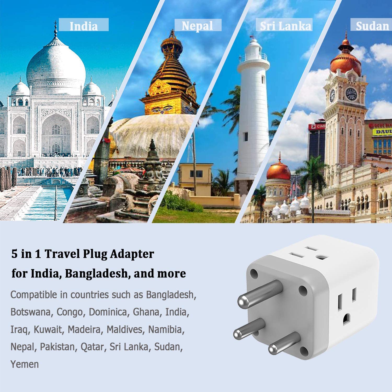 US To India/Nepal Travel Plug Adapter With 3 Outlets 2 USB Ports (Type D Plug)