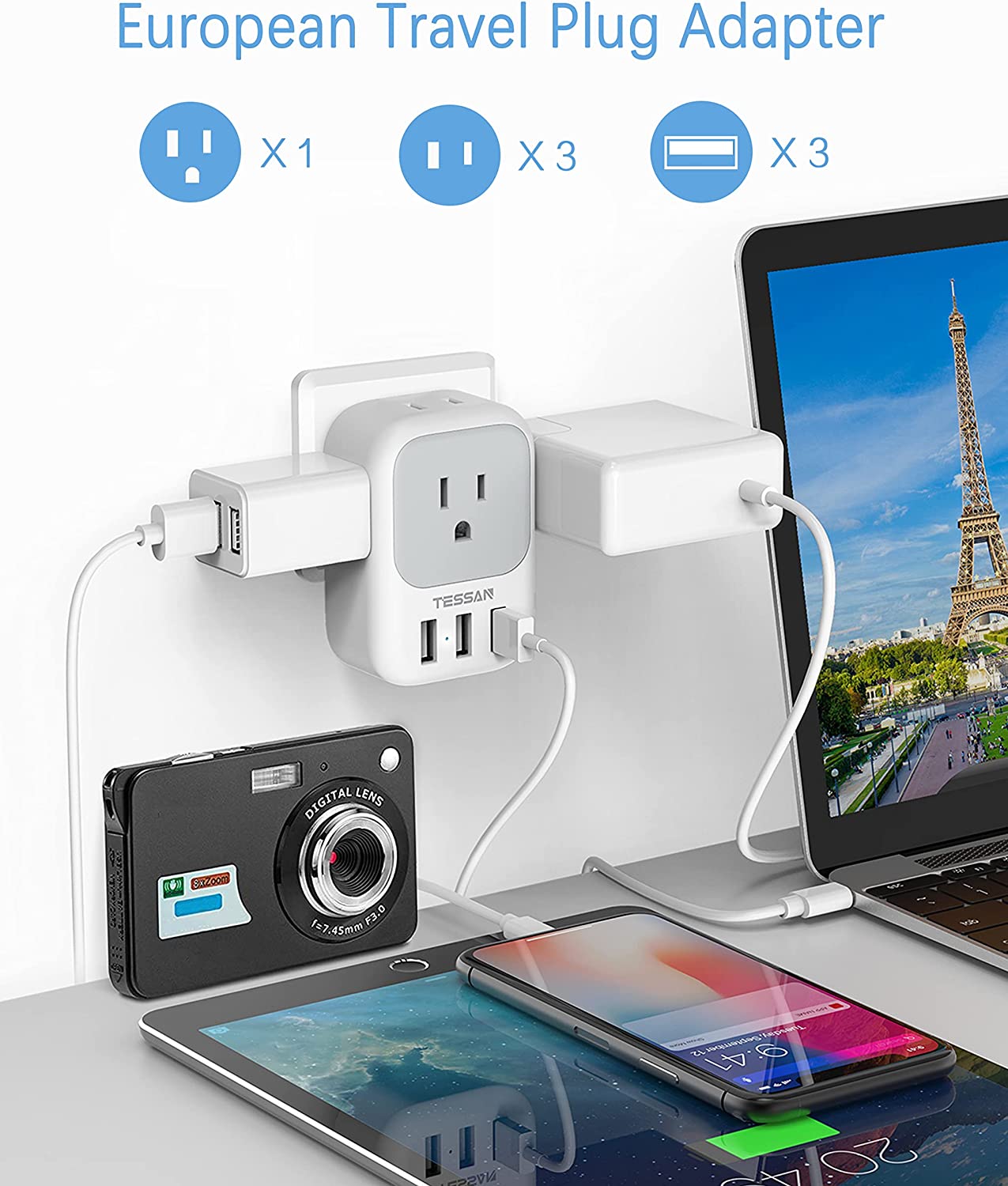 US to Europe Power Adapter with 4 AC Outlets and 3 USB, 2 Pack
