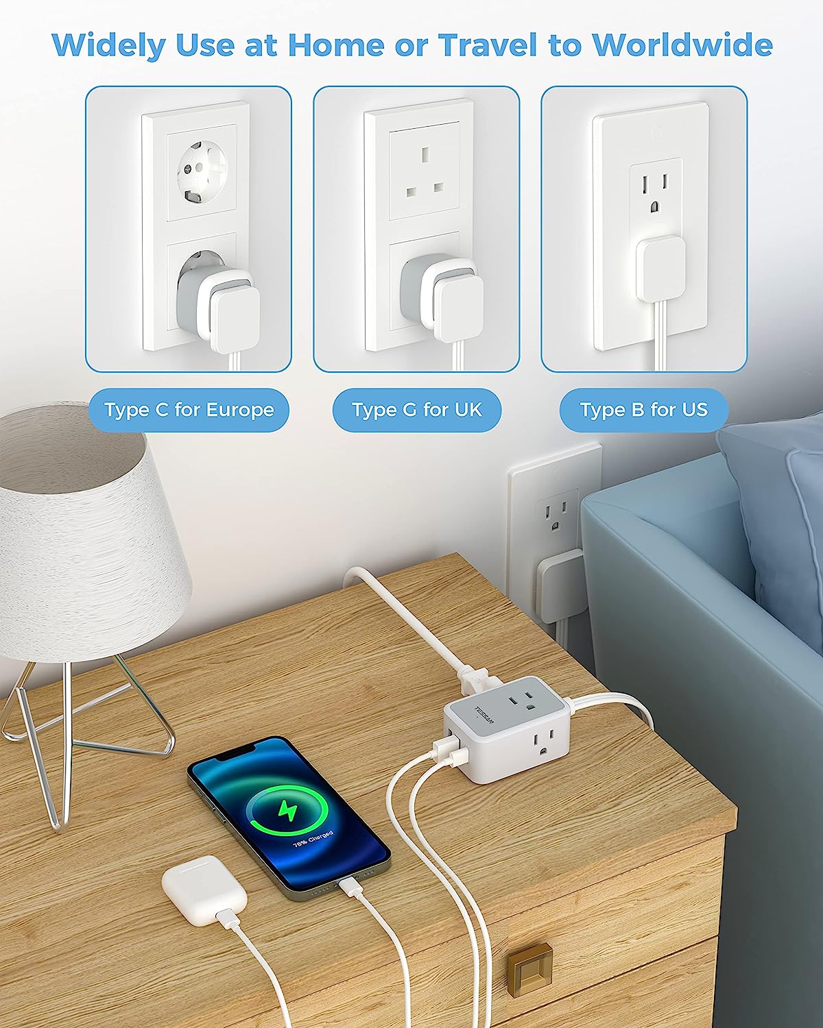 TESSAN European Travel Plug Adapter with Power Strip, EU UK Travel Extension Cord with 3 Outlet 3 USB (1 USB C)