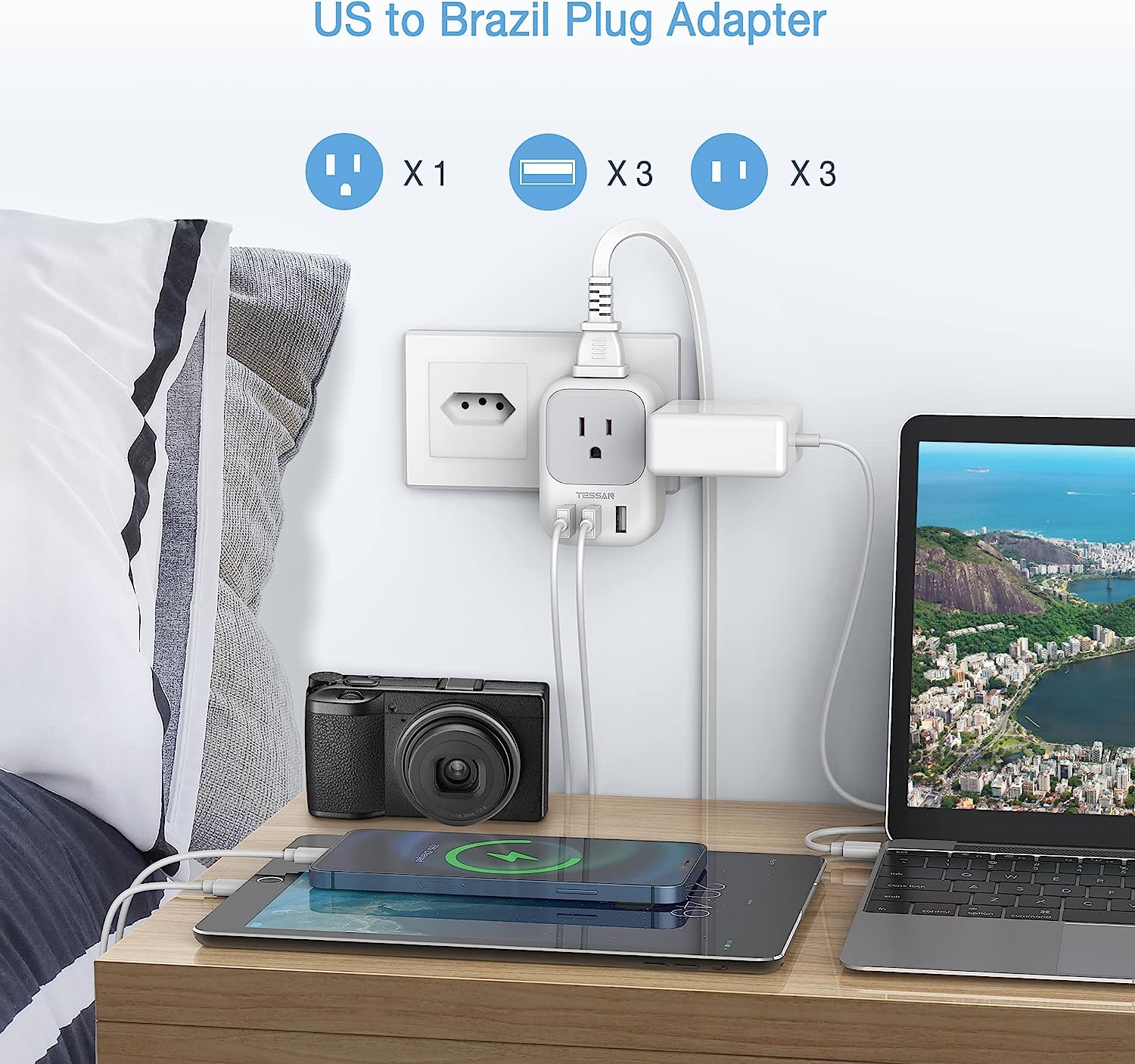 TESSAN Brazil Power Plug Adapter with 4 American Outlets and 3 USB Charging Ports