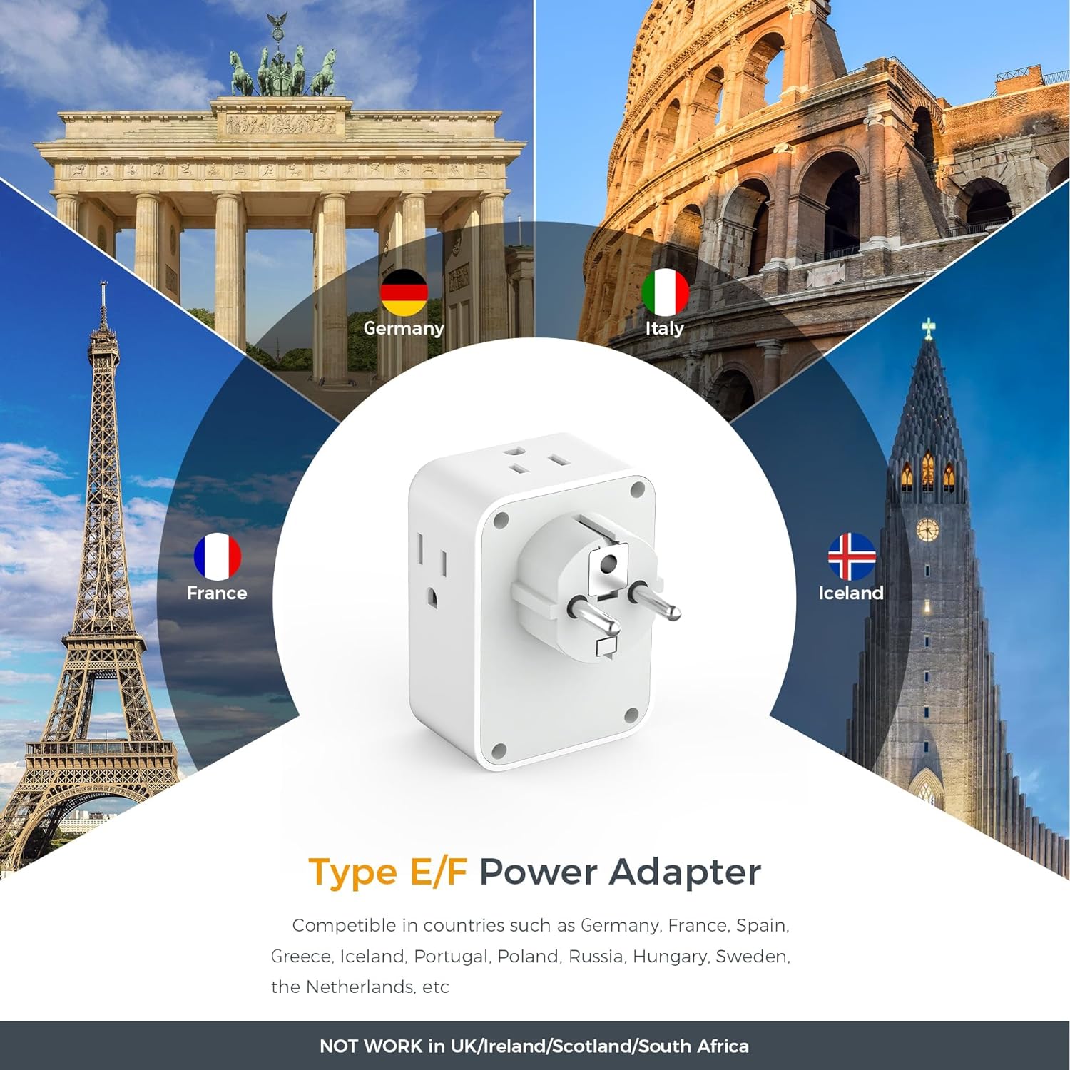 Germany France Travel Power Adapter, Schuko Adaptor with 4 Outlets 3 USB Ports (1 USB C)