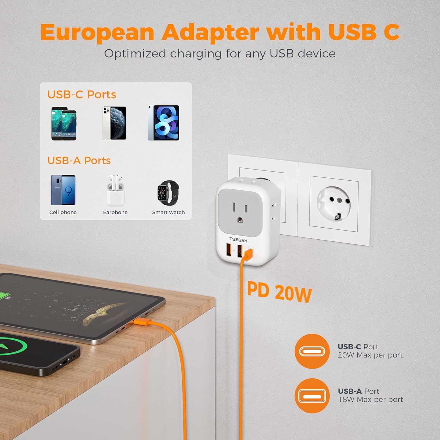 TESSAN Europe Adapter with 4 Outlets and 3 USB(1 USB C PD 20W), Foldable Plug