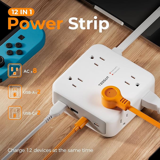 TESSAN Flat Extension Cord Surge Protector Power Strip