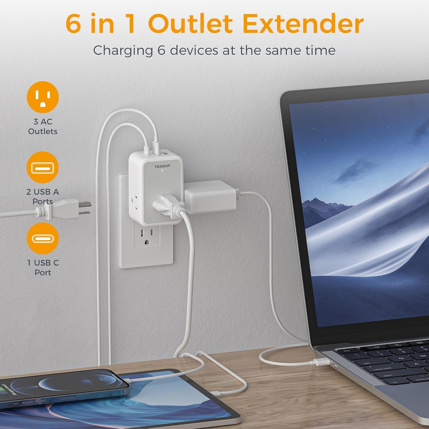 TESSAN 6 in 1 Outlet Extender USB C 15W