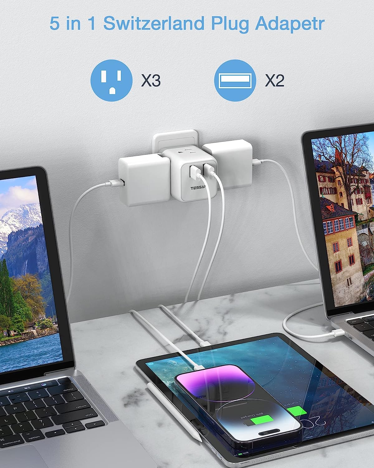 TESSAN US to Switzerland Travel Power Adaptor with 3 Outlets 2 USB Ports