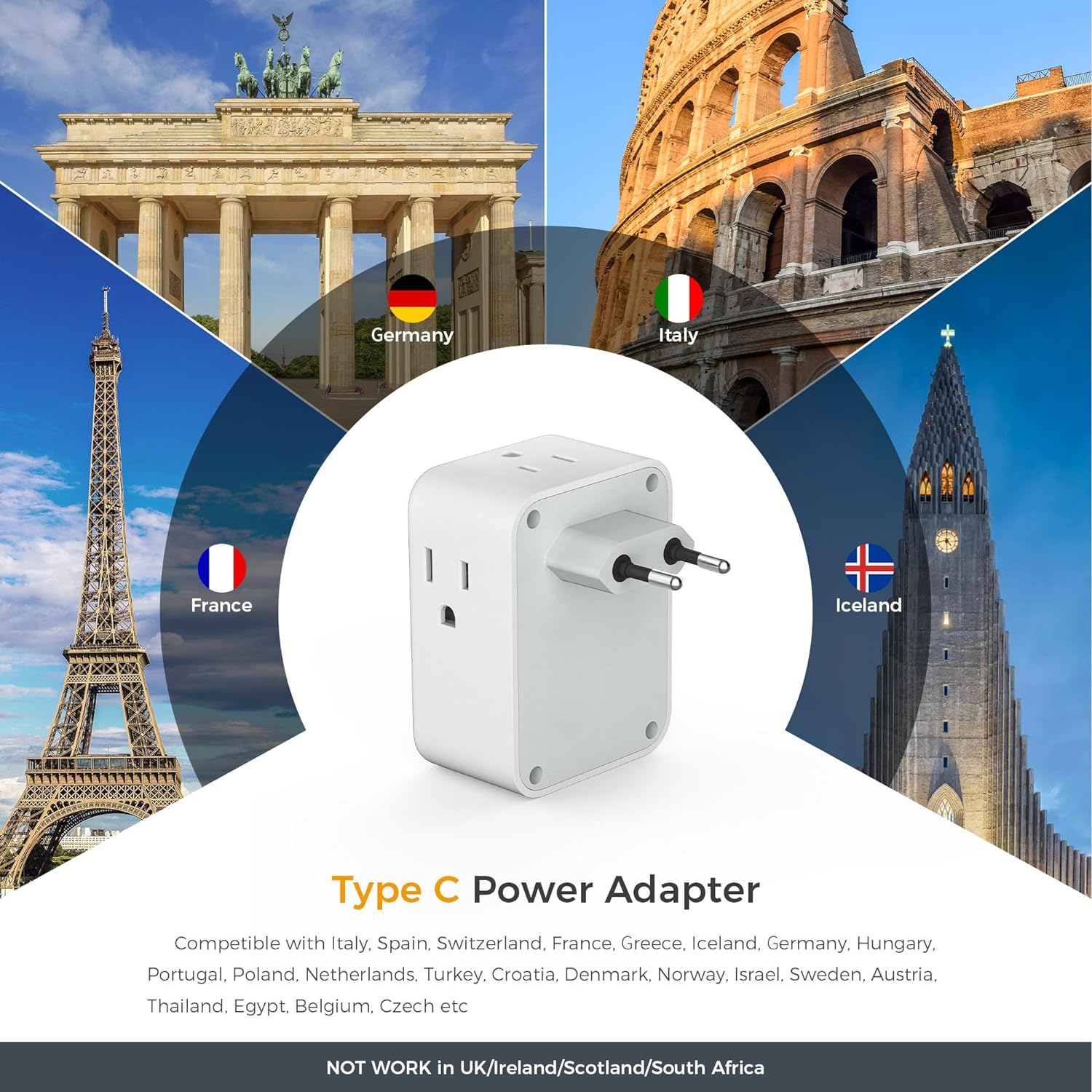 TESSAN US to Europe Power Adaptor with 4 Outlets and 1 USB C, 2 Packs