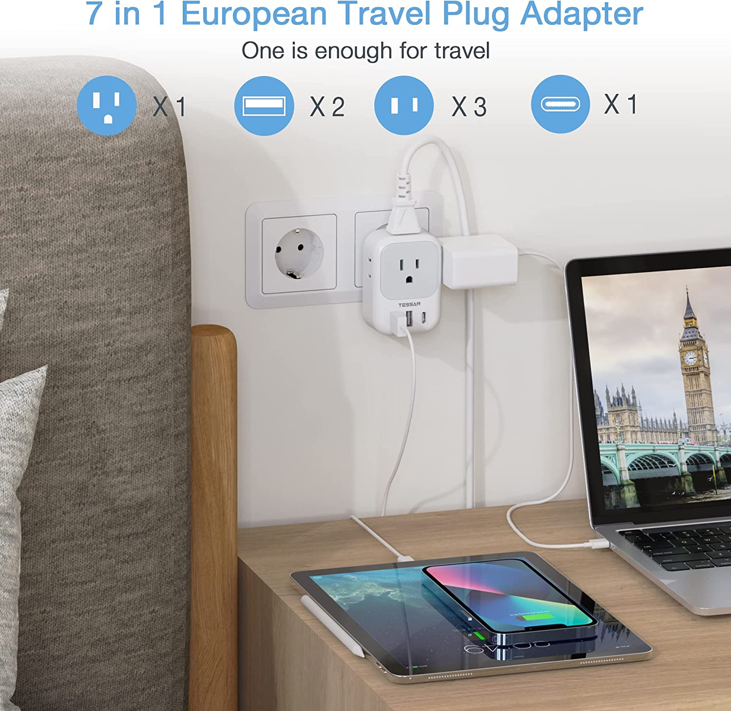 TESSAN US to Europe Power Adapter with 4 AC Outlets and 3 USB (1 USB C), 3 Pack