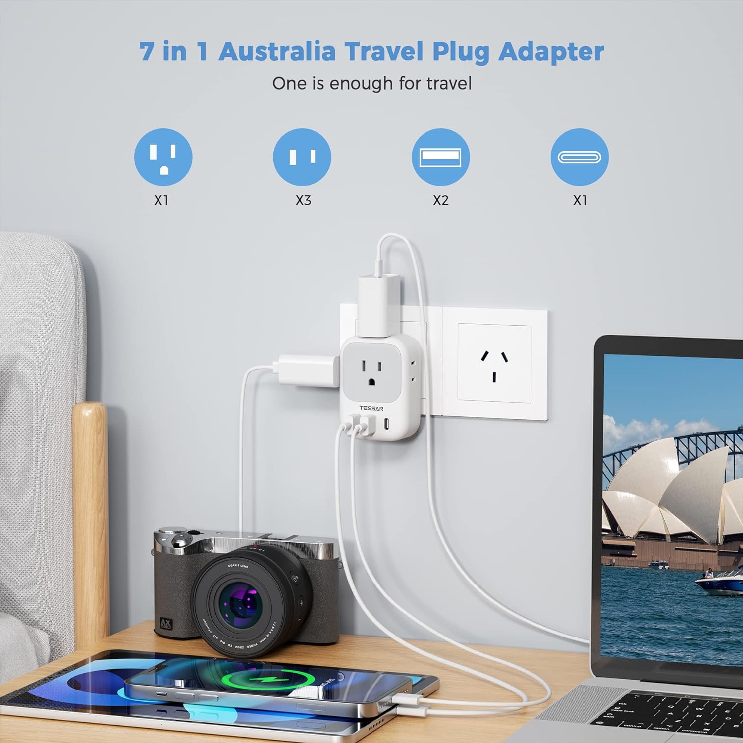 TESSAN Australian Power Adaptor with 4 Outlets 3 USB Charging Ports (1 USB C)