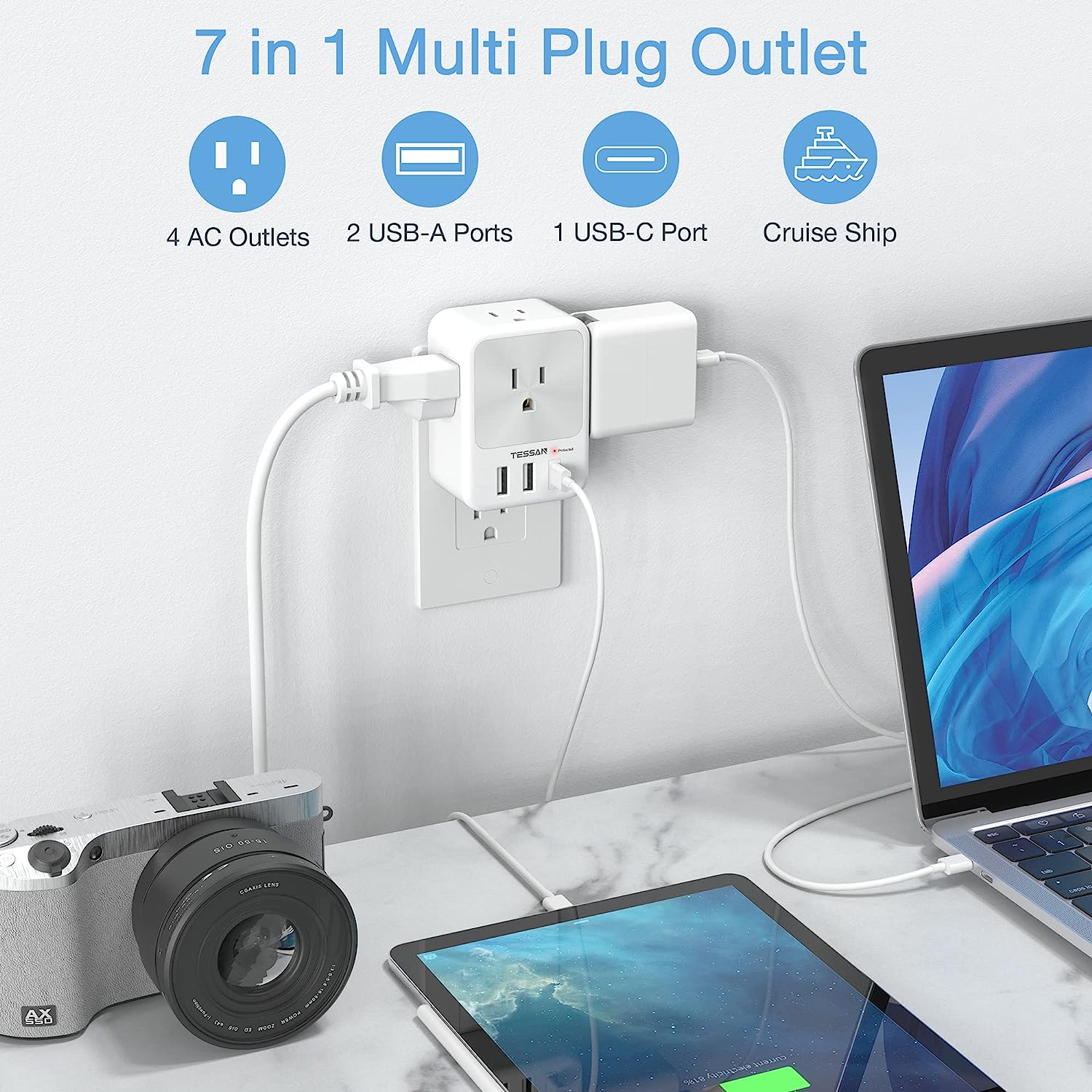 TESSAN Surge Protector Outlet Splitter with 4 AC Outlets 3 USB Ports (1 USB C Port)