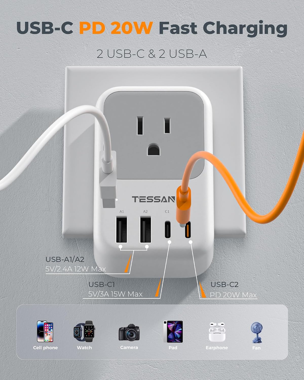 TESSAN Type F Travel Plug Adapter with 20W USB-C Charging