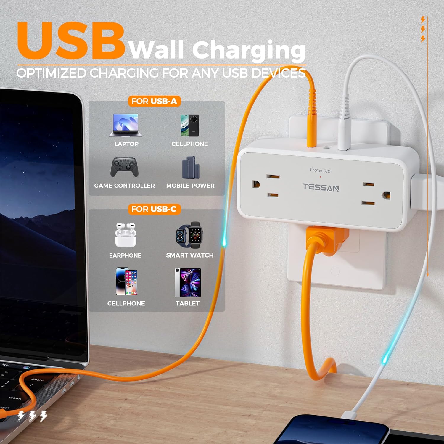 TESSAN Surge Protector, Multi Plug Outlet Splitter with 2 USB C